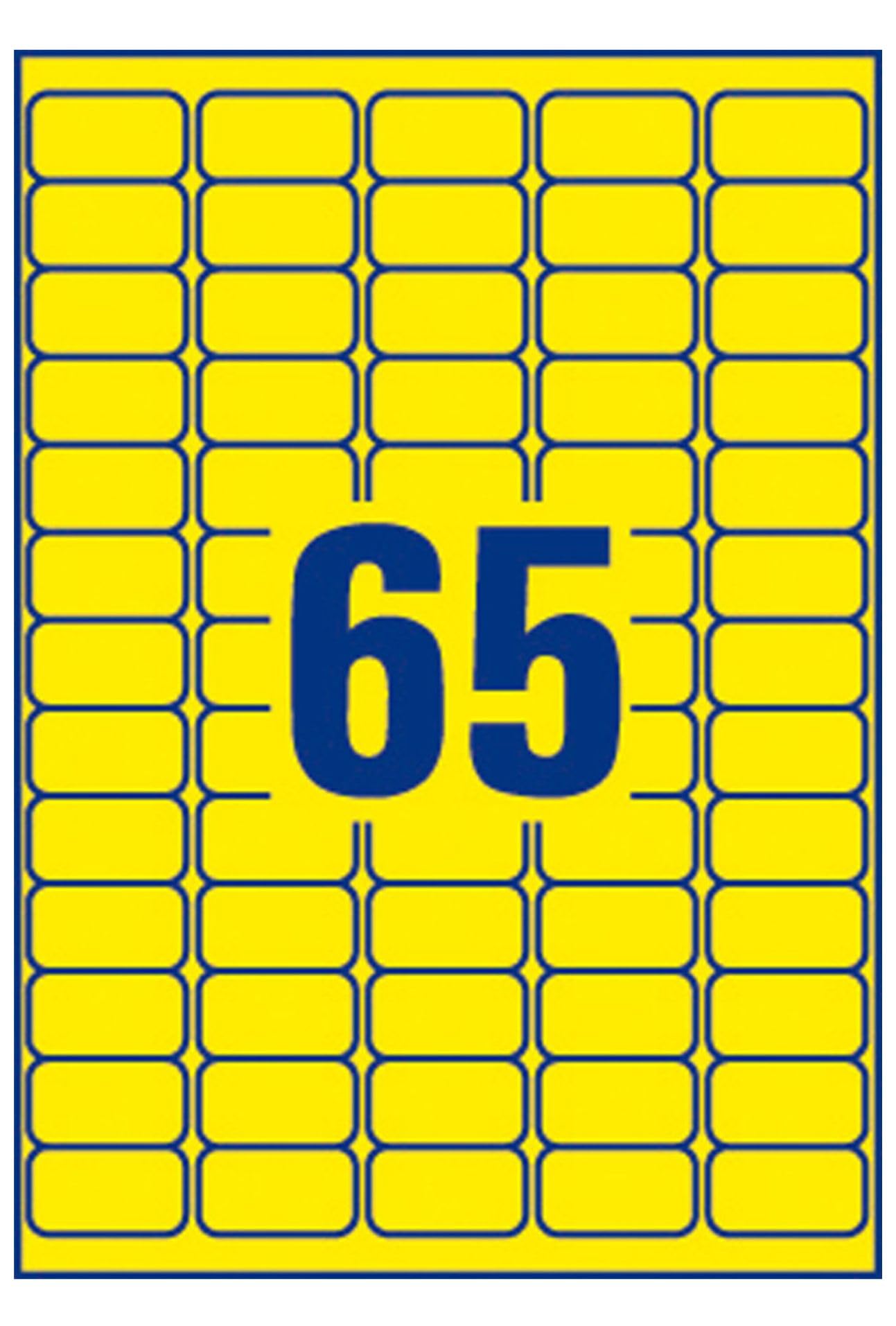 Avery L7651Y-25 Mini Etichette Fluorescenti, 65 Pezzi per Foglio, 25 Fogli, 38.1 x 21.2, Giallo