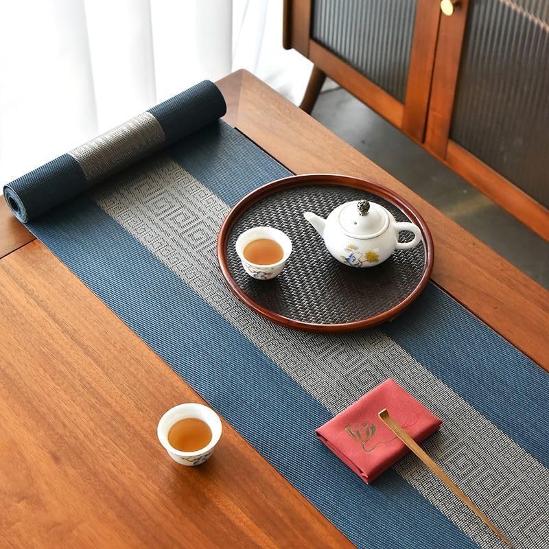 Image of YELONA Placemats and Table Runner Set - Heat Resistant, Non-Slip & Washable PVC Vinyl Dining Table Mats - Midnight Blue (6 Placemats: 45x30 cm, 1 Runner: 180x30 cm)