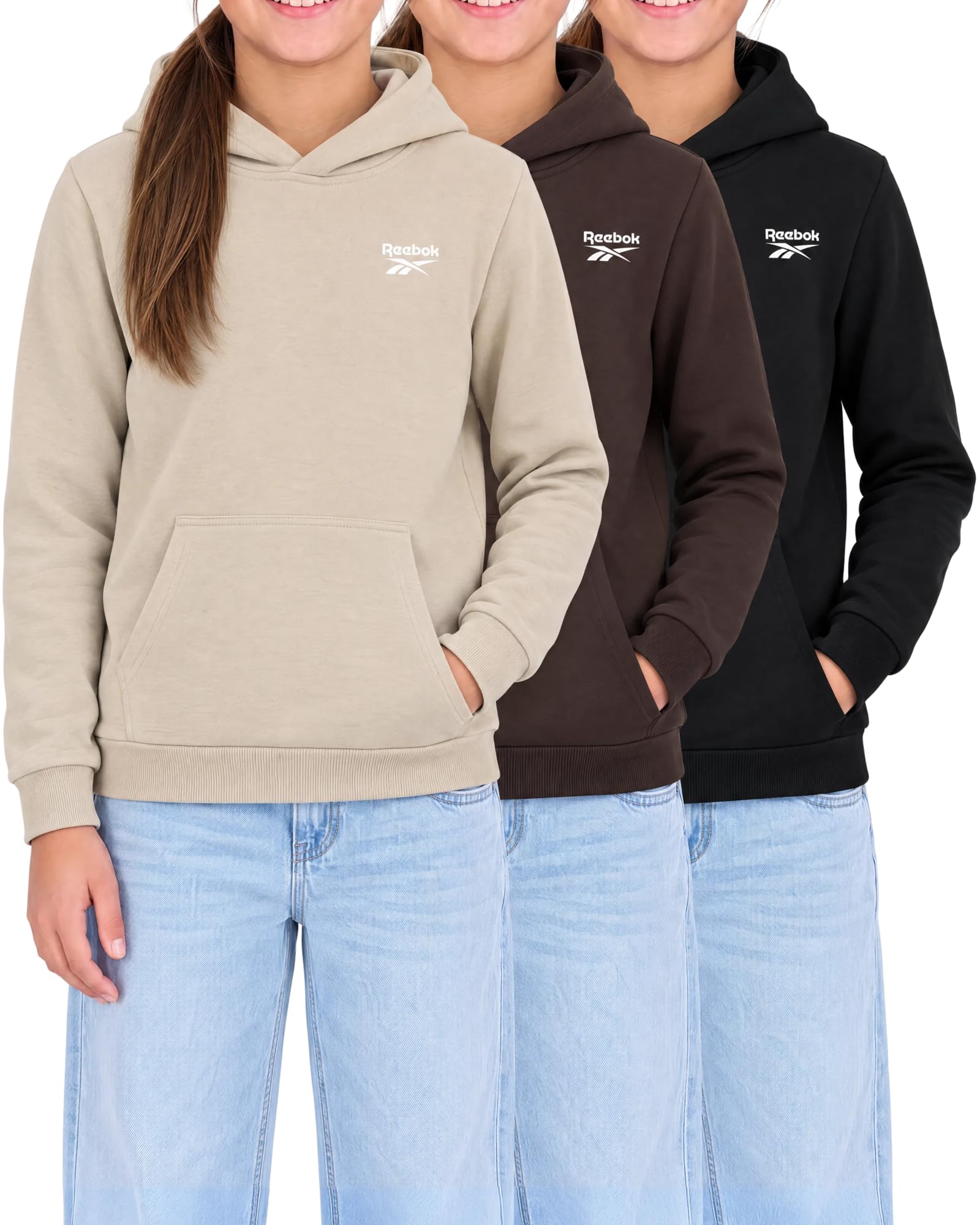 Reebok 3 Pack Girls Fleece Pullover Hoodie Hooded Sweatshirt Kids Teen