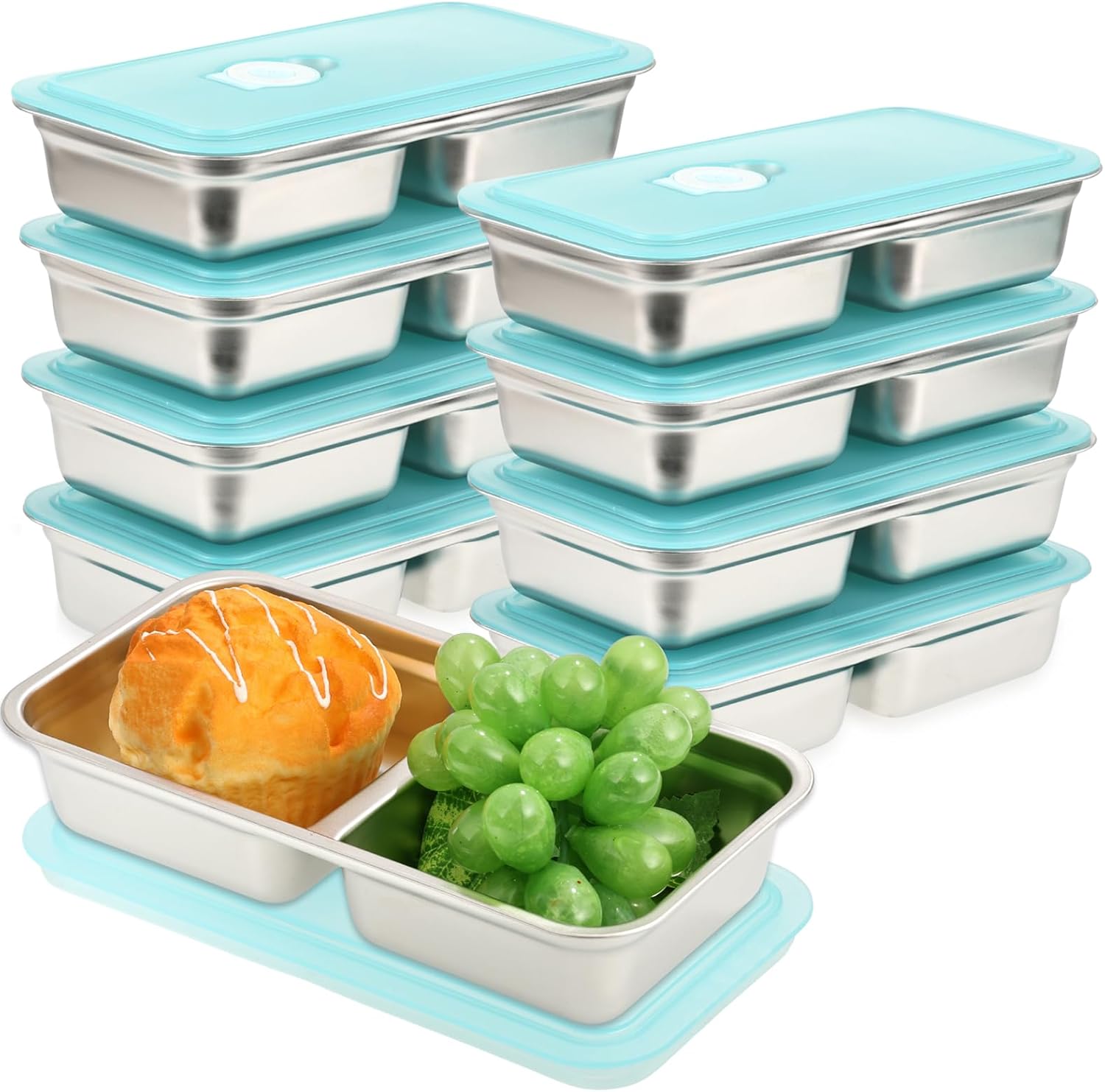 YEXEXINM 8 Pcs 30 oz Bento Boxes, 2 Compartments 304 Stainless Steel Food Storage Containers Snack Boxes with Leakproof Lids, Divided Meal Prep Lunch Box Food Container Dishwasher Safe
