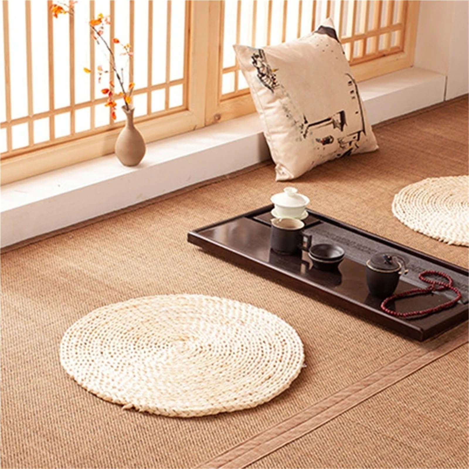 Tapis de méditation Yoga Pouf rond mince paille rotin tissé for le tapis coussin siège for salon à la maison pour Méditation