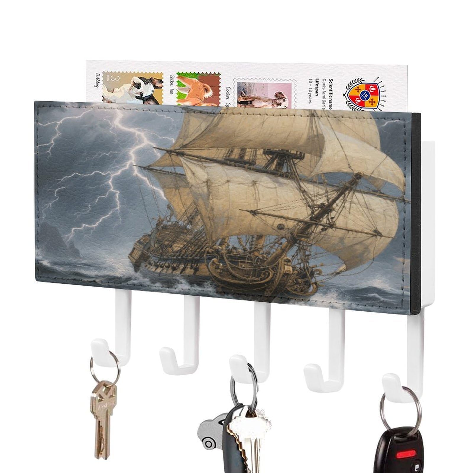 FekiLoot Ancient Sailing Ship in Storm Key Holder for Wall Decorative Mail Organizer with 5 Key Hook Self Adhesive Key Rack with Tray Coat Rack Wall Mount Key Hanger Decor for Entryway Door