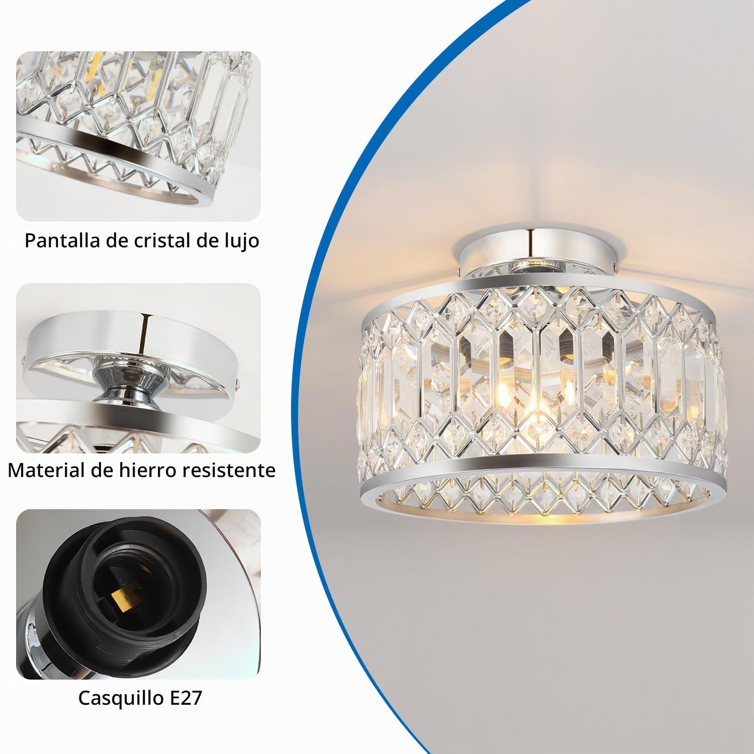 ANWIO Lámpara de Techo de Cristal, Lampara Cocina Techo Cristal con 1 E27 Base, Lámpara Colgante Moderna Plateado, Plafones de Techo para Salones, Dormitorio, Cocina, Pasillo(27CM, Sin Bombilla)