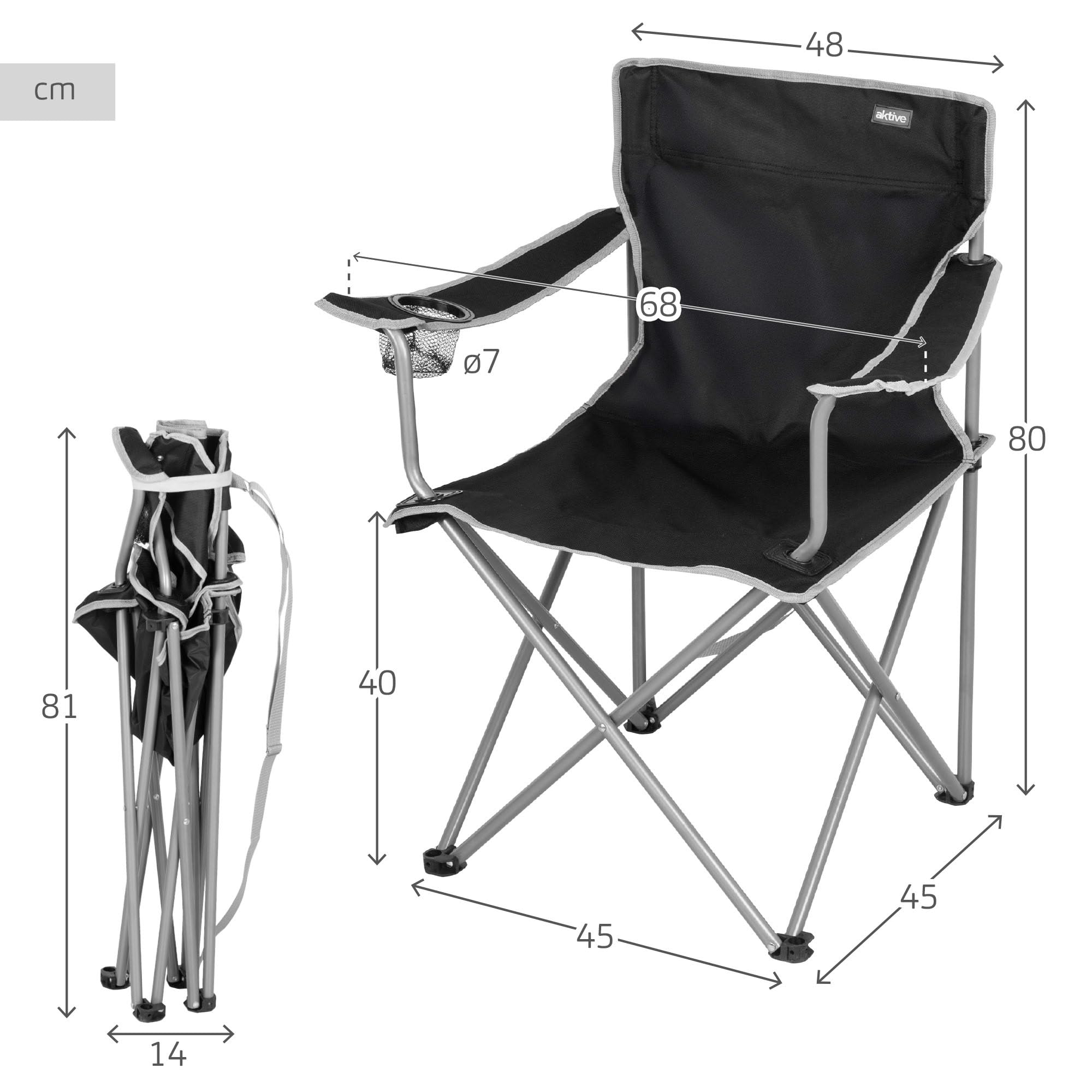 AKTIVE Lot de 4 chaises pliantes de camping, noires, structure en acier, siège en polyester, porte-gobelet intégré, 48 x 45 x 80 cm, charge 100 kg
