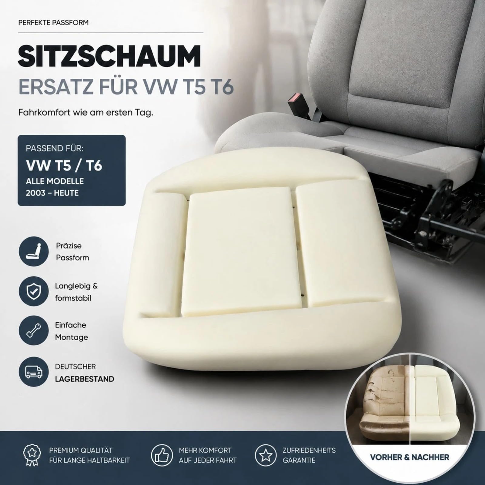 Autositzkissen Sitzpolster Schaumstoff Schaumpolster Sitzschaum Kompatibel mit VW T5 T6 Transporter Caravelle 2003-2024