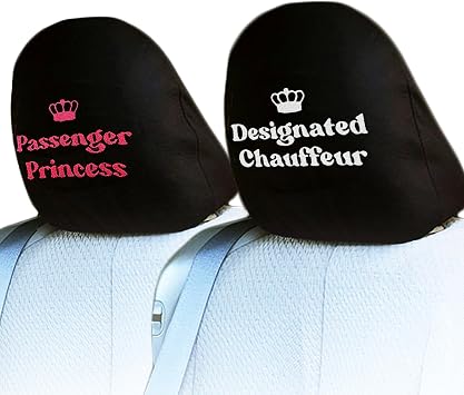Yupbizauto Embroidery Designated Passenger Princess and Designated Chauffeur Design Car Seat Headrest Cover 1 Pair Polyester with Foam Backing Made in USA