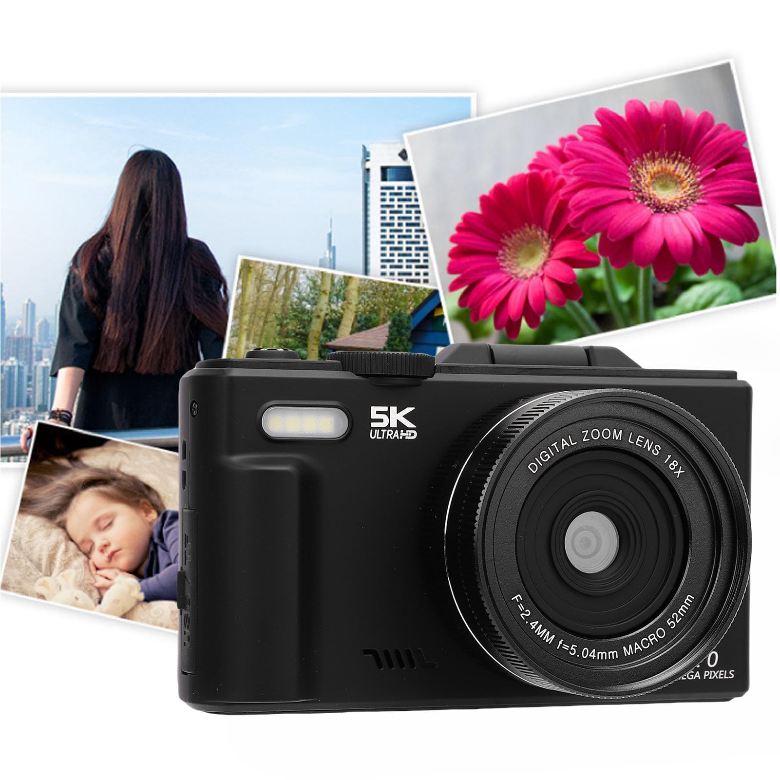 Aparat cyfrowy WiFi 5K 75 MP, 18-krotny zoom cyfrowy AF, autofokus, 3 cale, 180 ekranów, z wbudowanym mikrofonem Flash, karta 64 GB, do prowadzenia vlogów w podróży, do prowadzenia rozmów