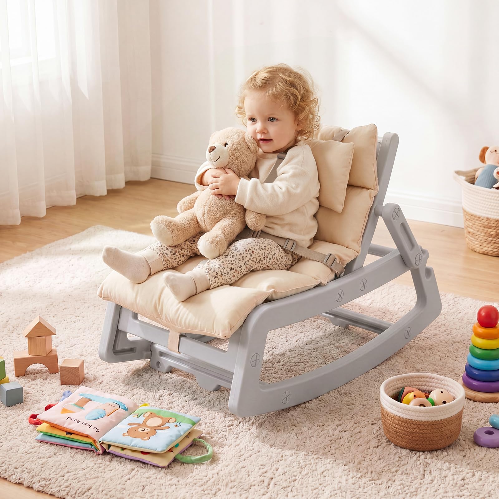COSTWAY Sedia a Dondolo per Bambini, Sdraietta a Dondolo Imbottita con Schienale Regolabile, Cucino Morbido, Poggiatesta Rimovibile e Cintura 5 Punti, Portata 80 kg, per Bambini 6+ Mesi (Grigio)
