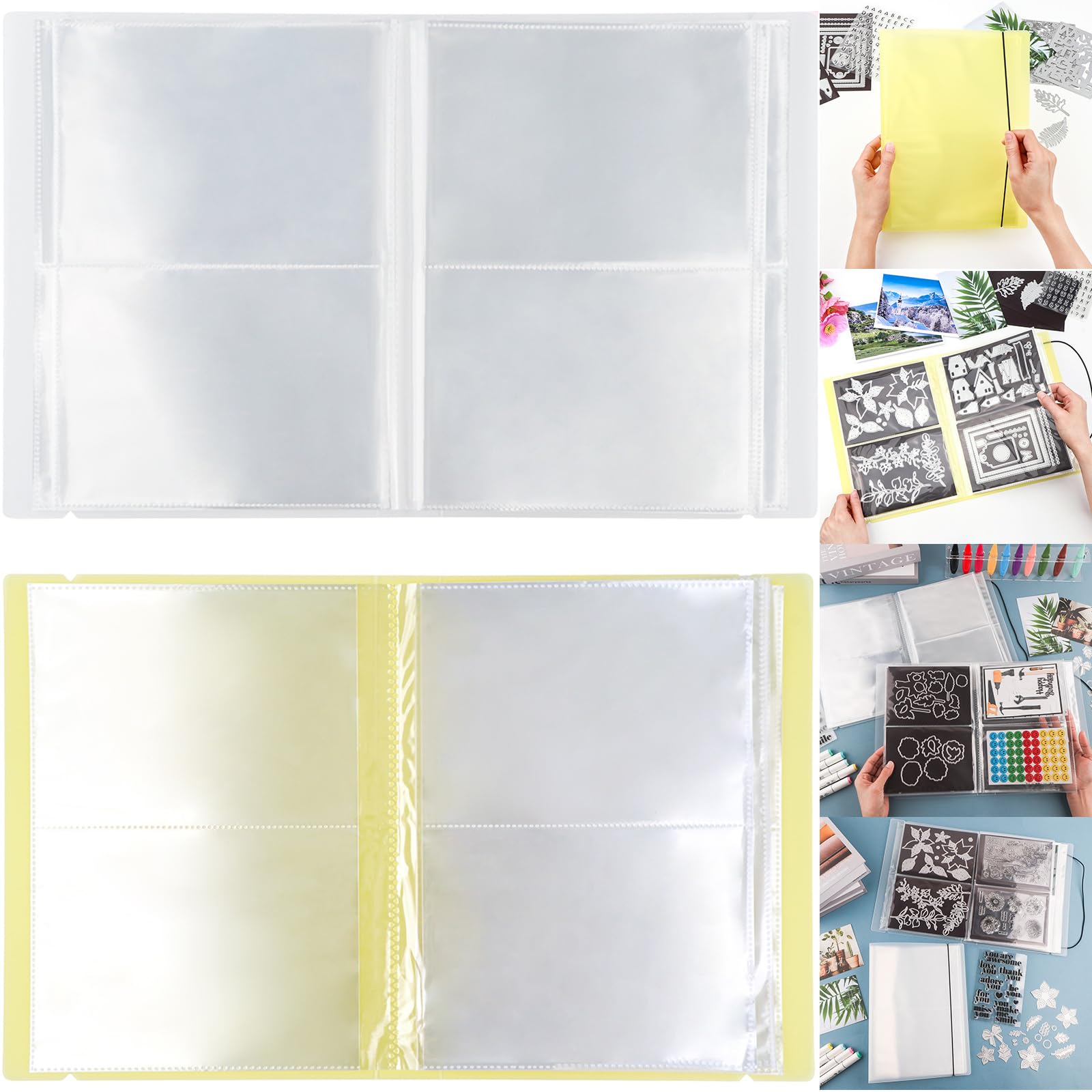 2 Pack Large Sticker Photo Storage Album, Stamp &amp; Cutting Dies Storage Book Organizer Folder for Cards Storage DIY Scrapbooking Card Making Supplies 20 Pages 80 Pockets/Pack (Clear + Yellow)