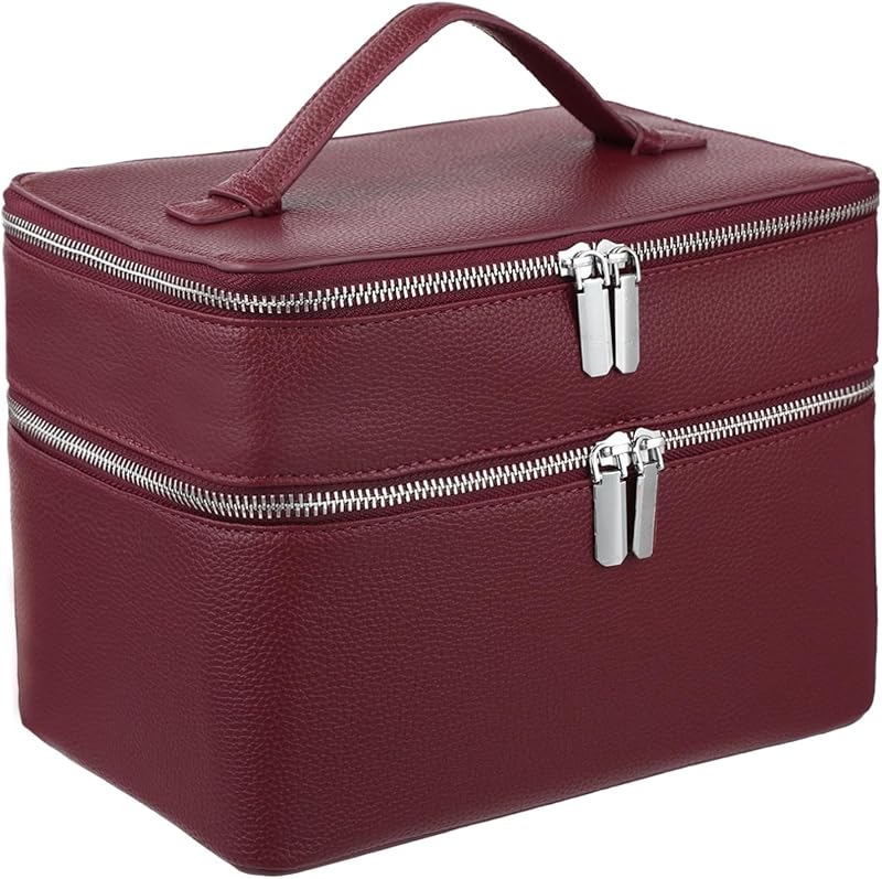 Necessaire de maquiagem OMISTAR com 2 compartimentos, forro removível, couro sintético, Borgonha