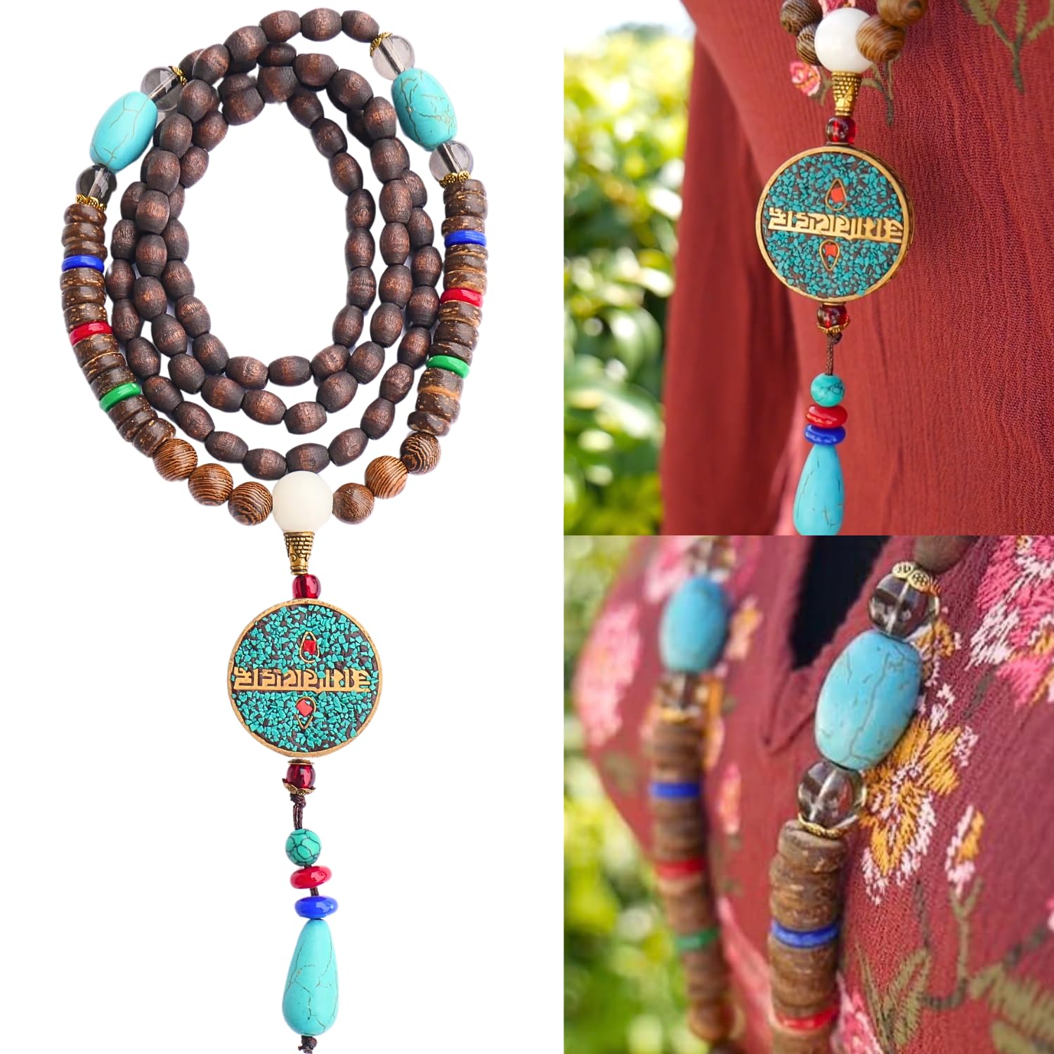 Collar con cuentas bohemias para mujer con colgante largo de madera para mujer, collar de madera de DREMINOVA, Madera, Cuentas,