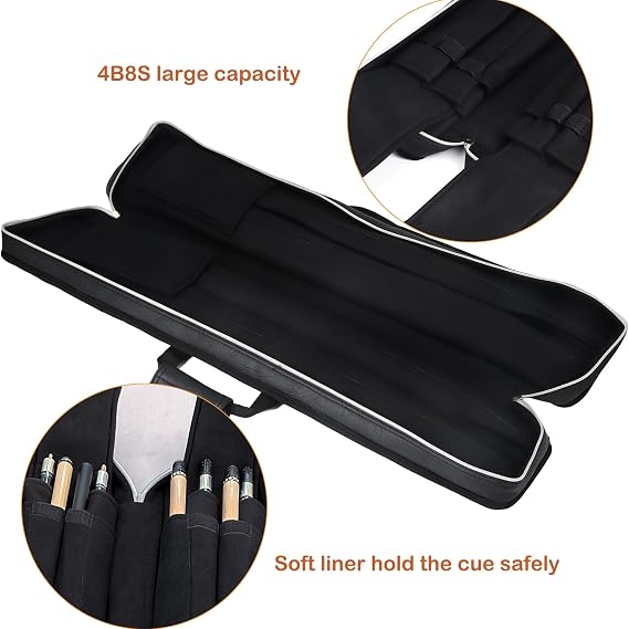 4x8 Pool Cue Case Billiard Stick Carrying Case Leatherette Soft Cue Bag Hold 4 Butts 8 Shafts (Black and Camel)