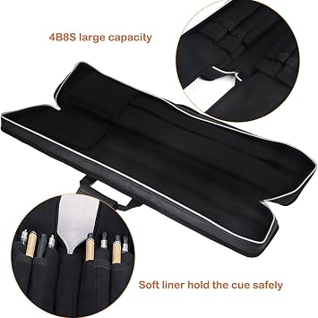 4x8 Pool Cue Case Billiard Stick Carrying Case Leatherette Soft Cue Bag Hold 4 Butts 8 Shafts (Black and Camel)