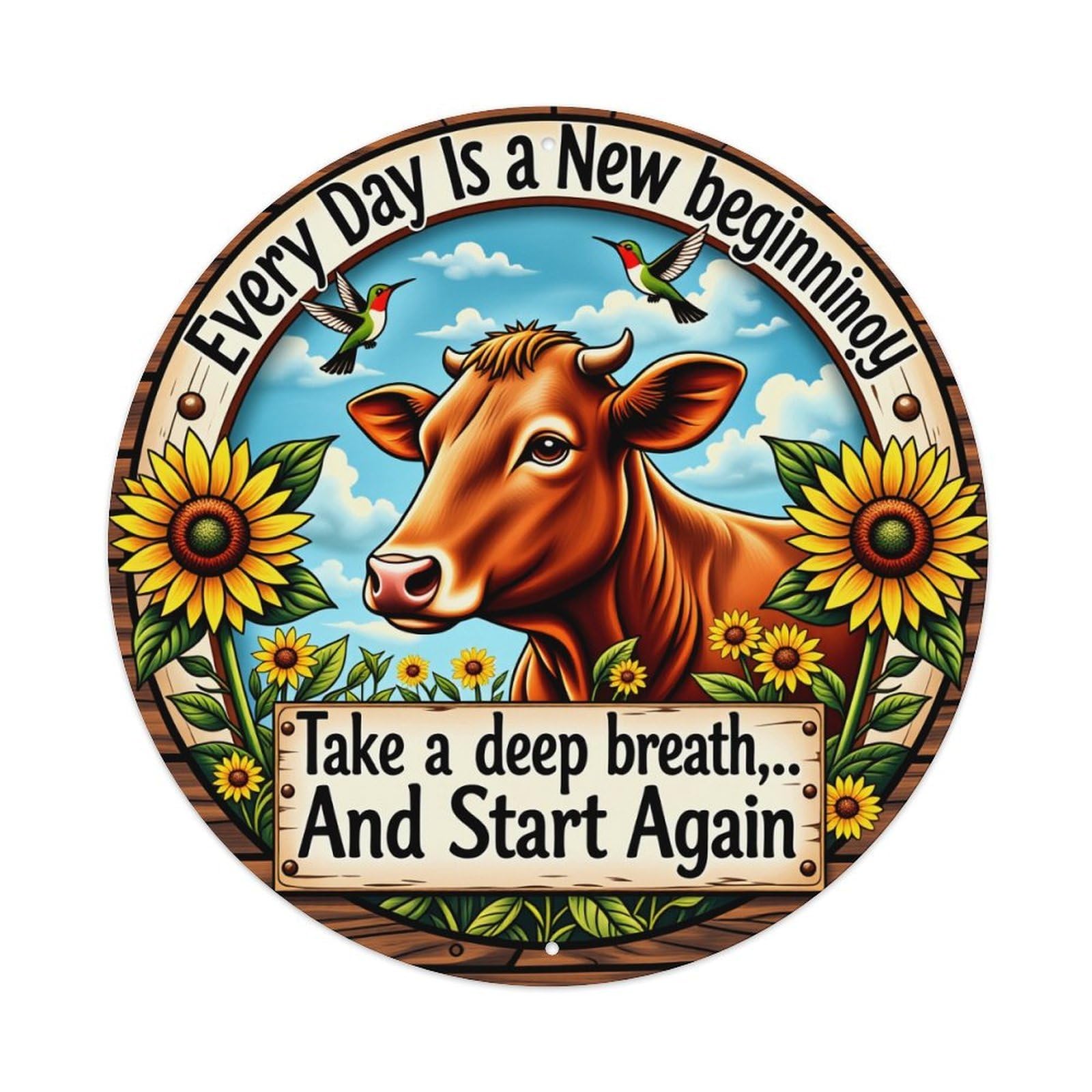 Cow Sunflower Bird Sky Wood Round Tin Sign Vintage Style Metal Sign Home Bar Garden Wall Plaque Decor Metal Poster 8x8 Inch