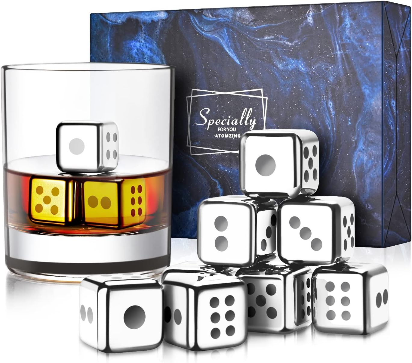 Whiskey Stones Set - Reusable Stainless Steel Metal Ice Cube Dice for Bourbon - Unique Fathers Day, Christmas, Birthday Gift for Men, Dad, Him, Boyfriend, Boss - Silver Set of 8