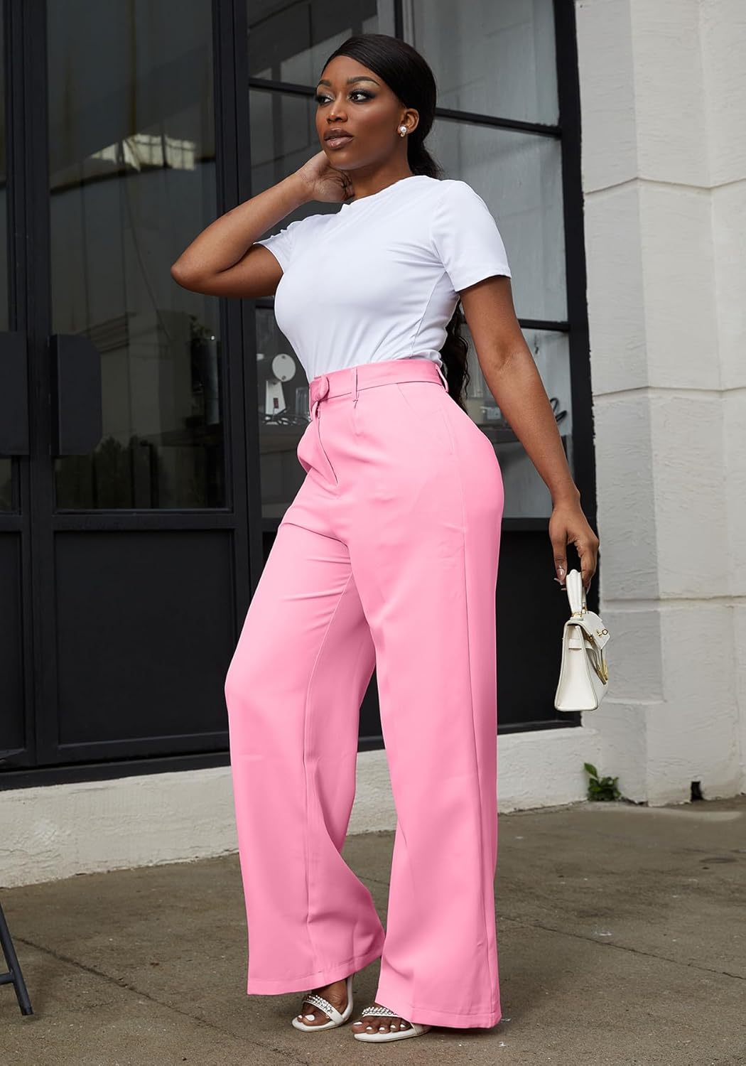 LKOUS Women's High Waisted Straight Wide Leg Dress Pants Stretchy Work Trousers with Pockets Business Casual - Image 6