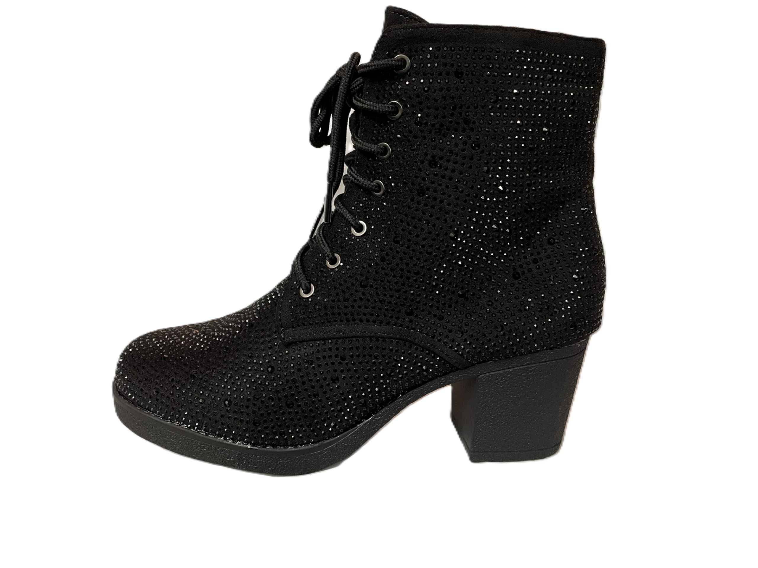 Womens Sparkly Rhinestone Ankle Boots Black Lace-Up Block Heel
