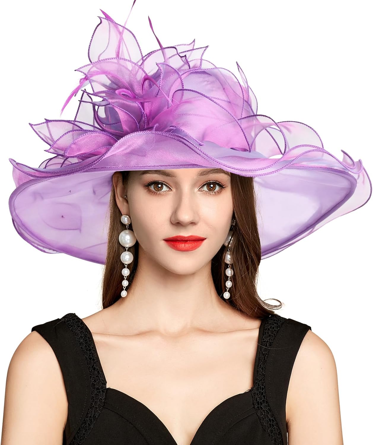 2026 Derby Hats for Women Girls Ladies, Organza Church Tea Party Wedding Fascinator Hat UV Protection Sun Hat Purple