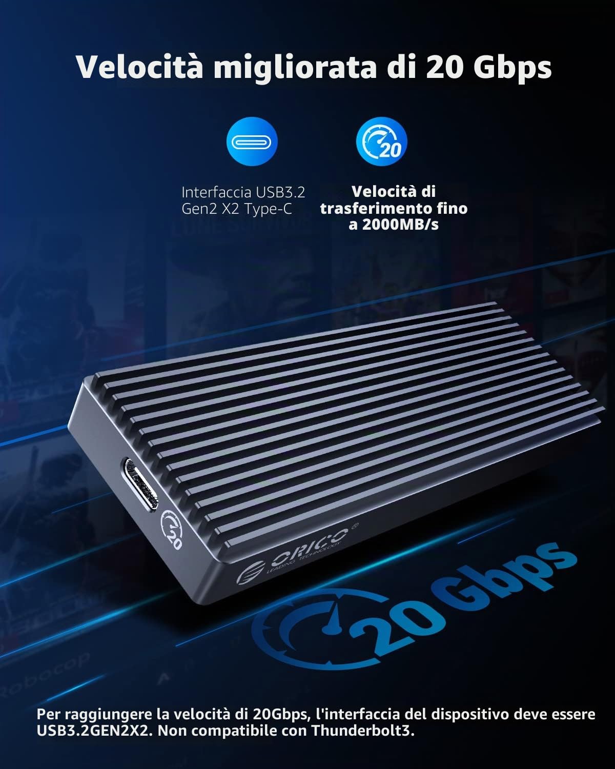 ORICO 20Gbps M.2 NVMe SSDCase esterno portatile USB 3.2 Gen 2x2 Alluminio Supporta i formati 2230, 2242, 2260, 2280 (M/B+M Key) fino a 8TB Perfetto per PS5, Laptop e Desktop M2PAC3