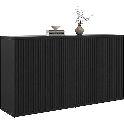 Buffet Sideboard Cabinet with Storage, 34.2" H Fluted Credenza with Adjustable Shelves, Accent Storage Coffee Bar Console, Sideboard Cabinet for Living Room, Kitchen, Black(2PCS)