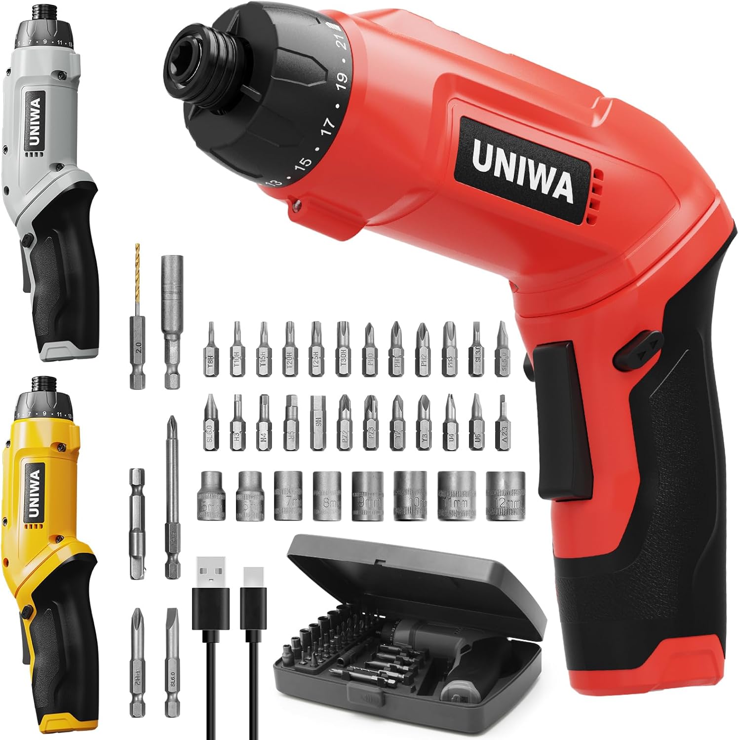 UNIWA Cordless Electric Screwdriver Rechargeable - 650 RPM Power Screwdriver Set, Cordless Drill Small Drill, Hand Drill Set, 7.1N.m, 38PCS Bits, 2000 mAh, 3.6 V Power Tools, Pivoting Handle (Red)
