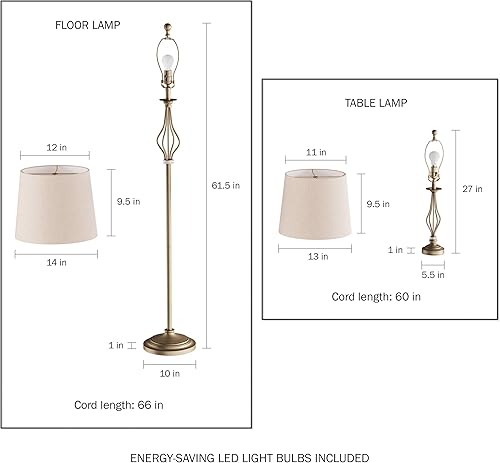 Miniatura 2 de Lavish Home Juego de 3 lámparas de mesa y pie a juego de iluminación curvada de acero calado para sala de estar, dormitorio, oficina, LED de bajo