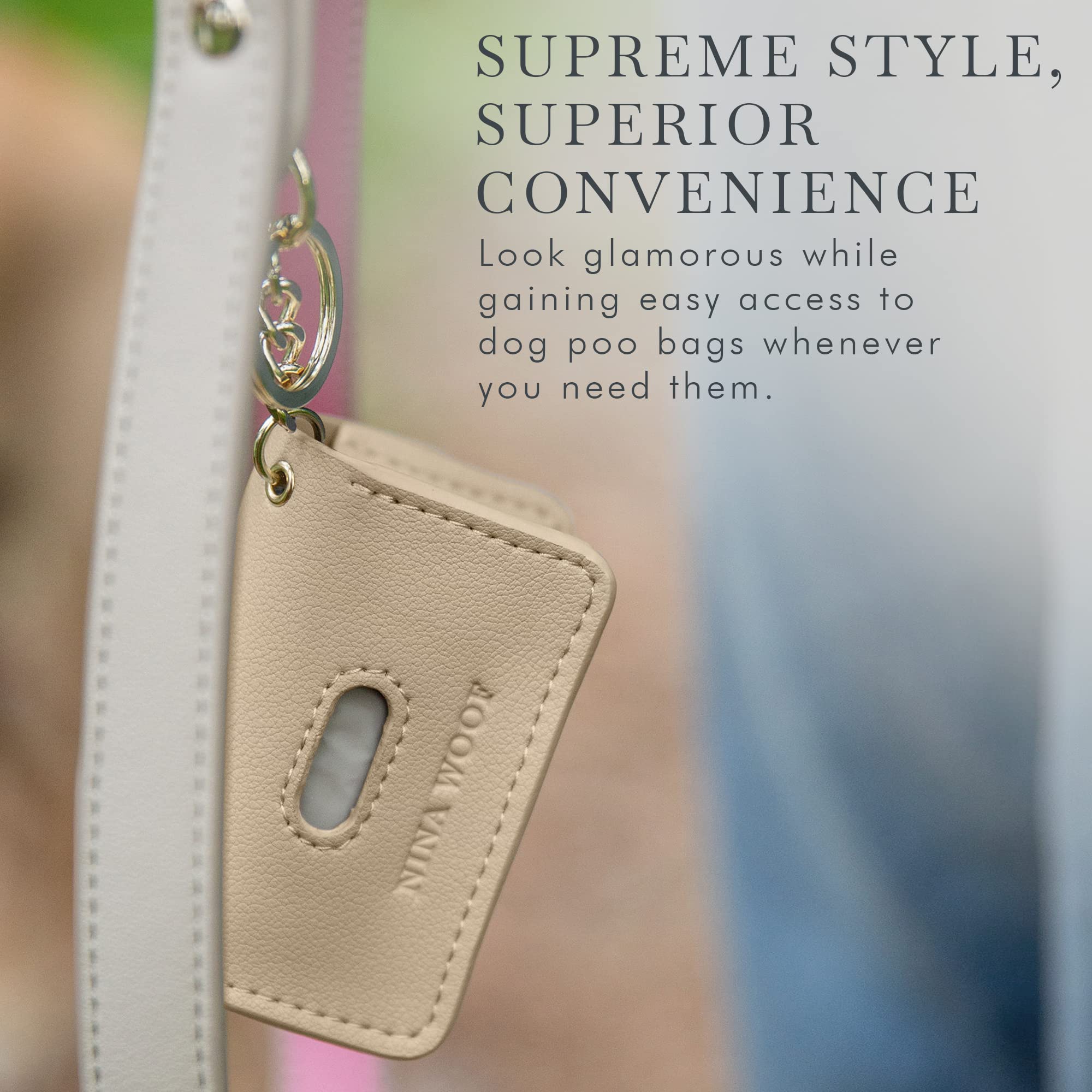 NINA WOOF - Porta Sacchetti di Escrementi per Cani - Versatile Porta Sacchetti di Escrementi in Pelle Vegana per Rifiuti Animali, Rifiuti, Sabbia per Animali - Piccolo Porta Sacchetti (Beige)