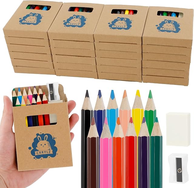 Mini Drawing Colored Pencils Bulk, Small Cute 12 Color Pencils with Sharpener and Eraser Set, 3.5in Short Coloring Pencils for Travel Party Gift (24 Pack)