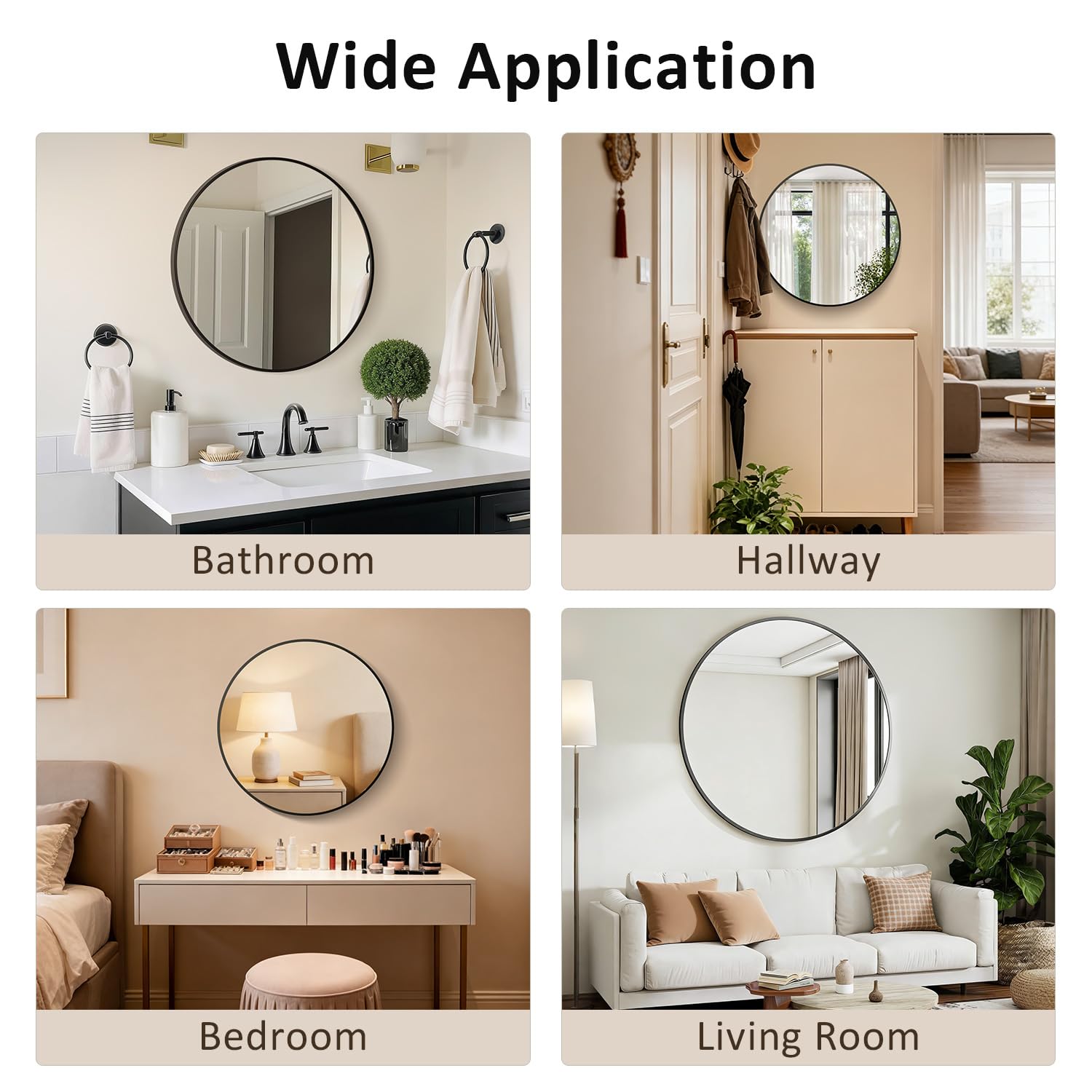 Spiegel Rund Schwarz 50cm HD Spiegelglas Wandspiegel, Modern Badspiegel Rund mit Aluminium Rahmen, Hängend oder Kleben, Deko Runder Spiegel für Bad Badezimmer Flur Wohnzimmer Schlafzimmer
