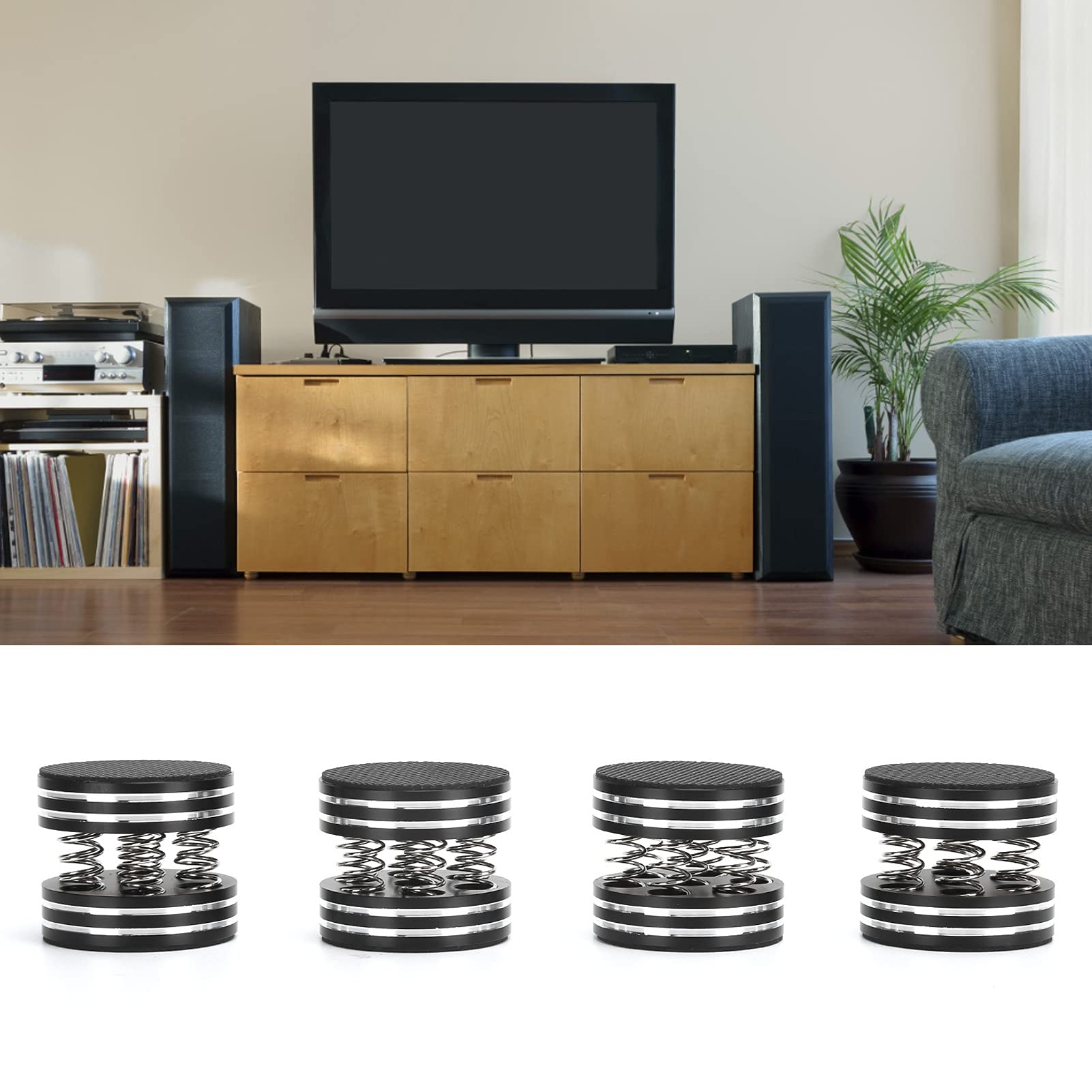 Pieds D'isolation Acoustique, 4 Pièces en Aluminium à Ressort de Haut-parleur Pointes Pieds D'isolation de Plateau Tournant pour Amplificateur/haut-parleur/platine Vinyle/lecteur HiFi(le noir)