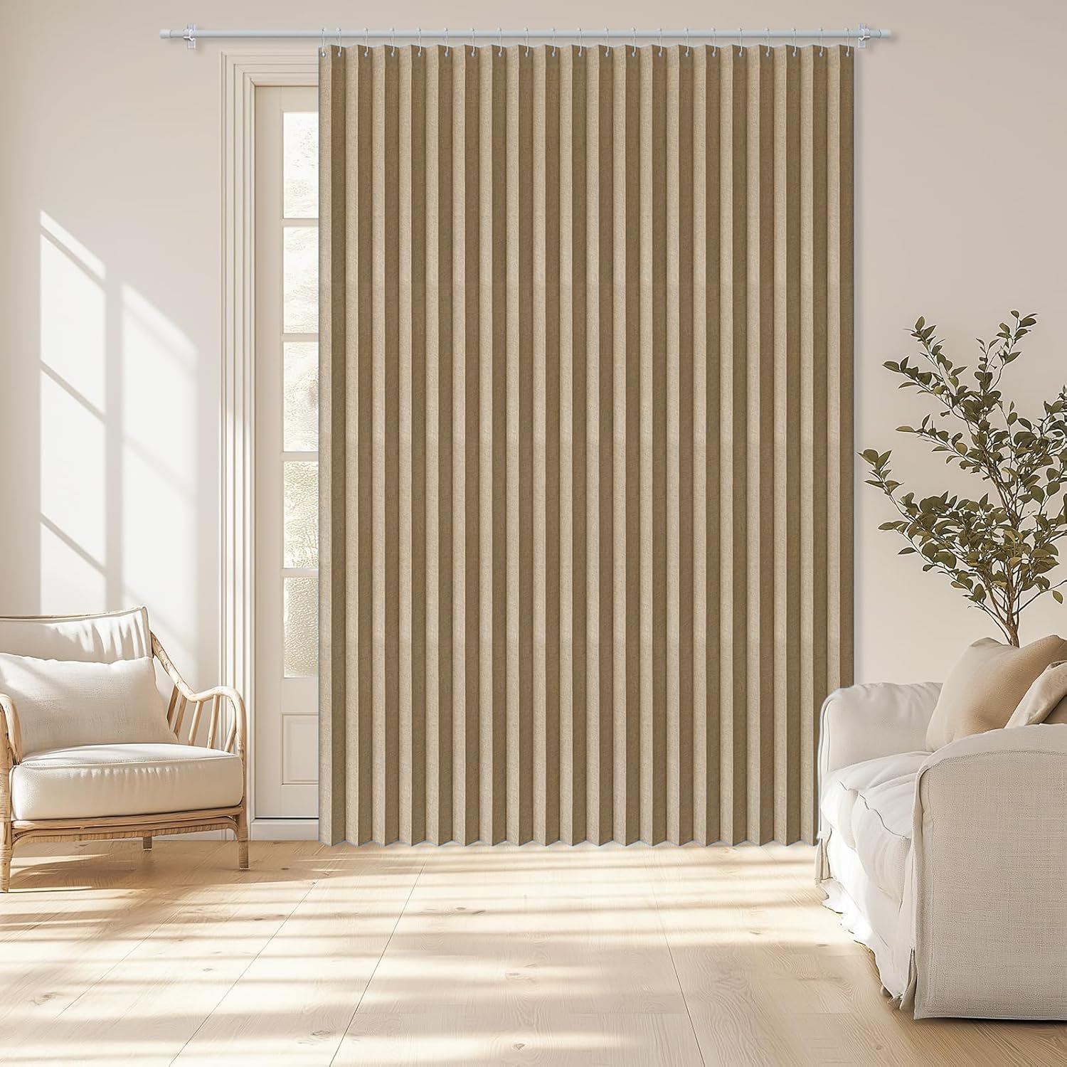 Blackout door curtain, folding invisible door curtain for bedroom, living room and room divider-Light Brown- W220xH240cm