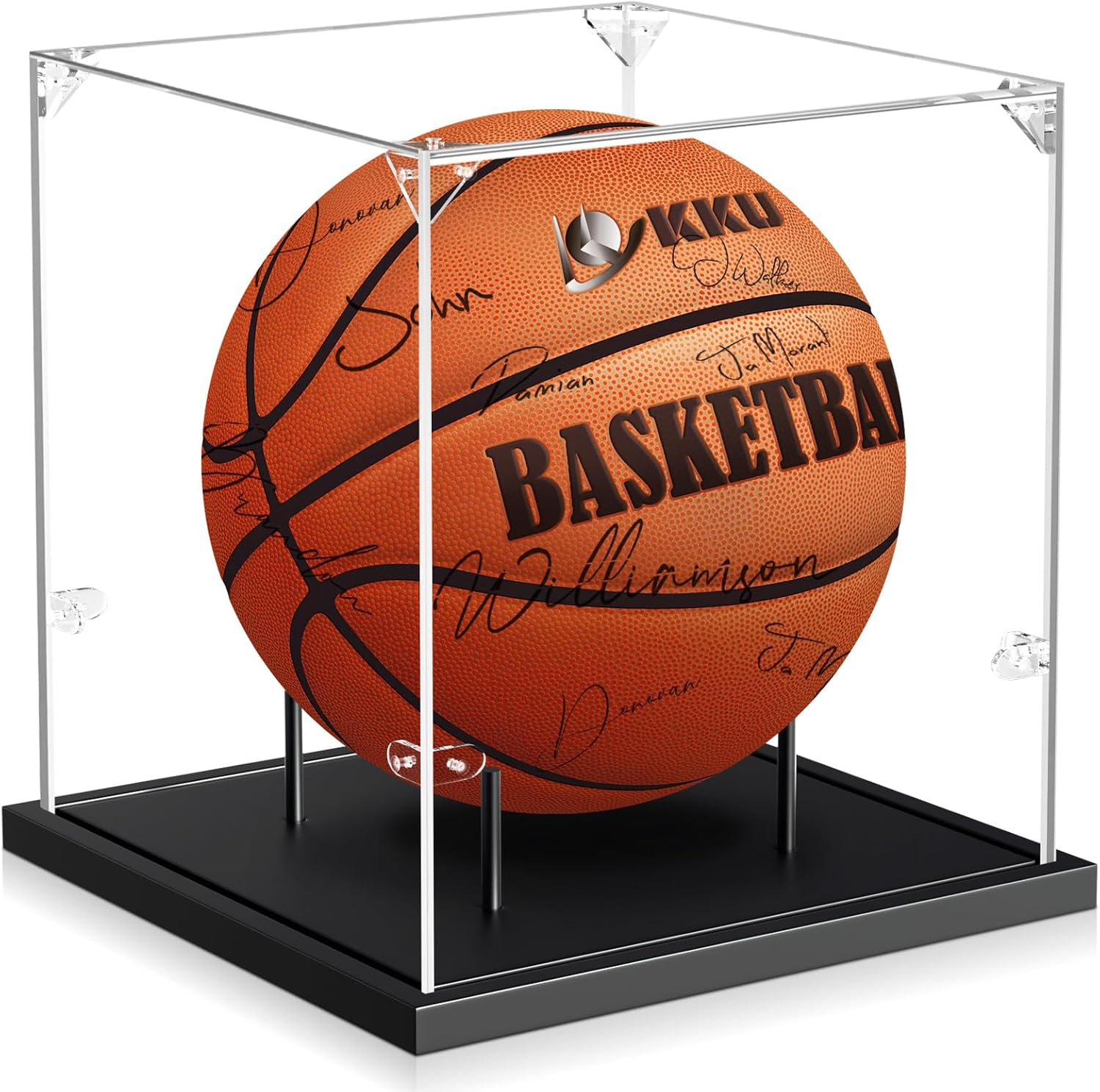 KKU Basketball Display Case, Acrylic Clear Full Size Basketball Case with Solid Wood Base,UV Protected Basketball Display Stand for Autographed Standard NBA WNBA Ball Memorabilia Keepsake, Black