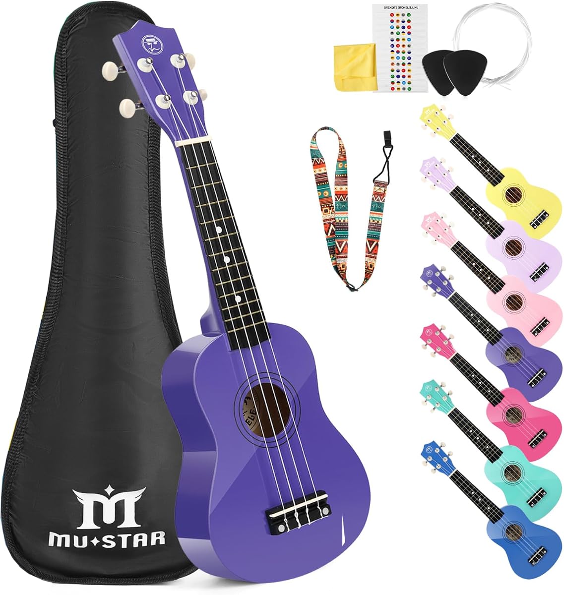 MUSTAR 21 Inch Soprano Basswood Purple Ukulele Set for Beginners | Ukuleles Set With Gig Bag, Strap, Picks,Stickers, Starter Basswood Ukuleles kit