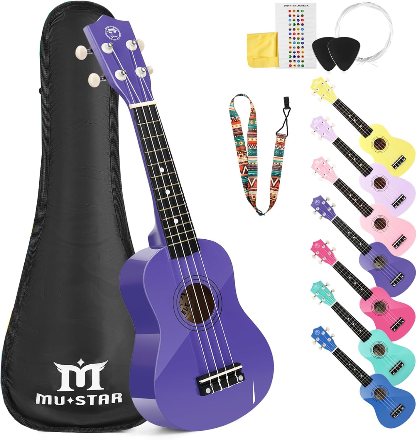 MUSTAR Soprano Ukulele For Beginners - 21 Inch Small Guitar Ukulele for Beginner Ukuleles Kit With Gig Bag, Strap, Picks, Basswood Purple Ukulele Set