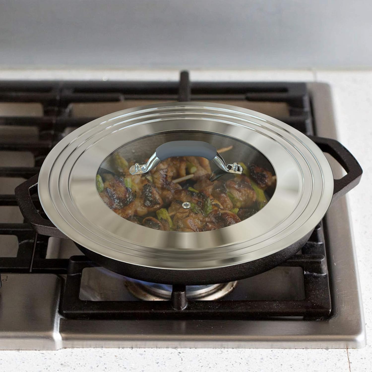 Universal Pans Pots Lid Cover Fit All 8.25 Inch to 12 Inch Pots/Pans/Woks Stainless Steel and Glass Lid with Heat Resistant Knob, Gray - Image 4