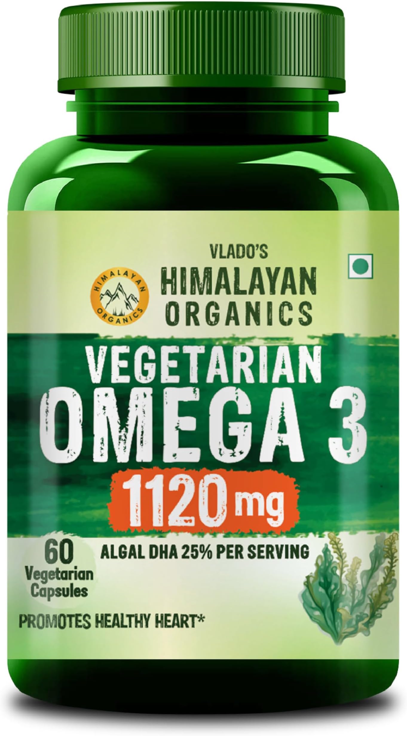 Vlado's Himalayan Organics Vegetarian Omega 3 - 1120 MG Supplement | 3X Strength | Veg DHA | Omega 3 | Algal DHA | Plant Based | No Fish oil Used I Healthy Heart, Joints & Eyes I Omega Capsules for Men & Women- 60 Veg Capsules
