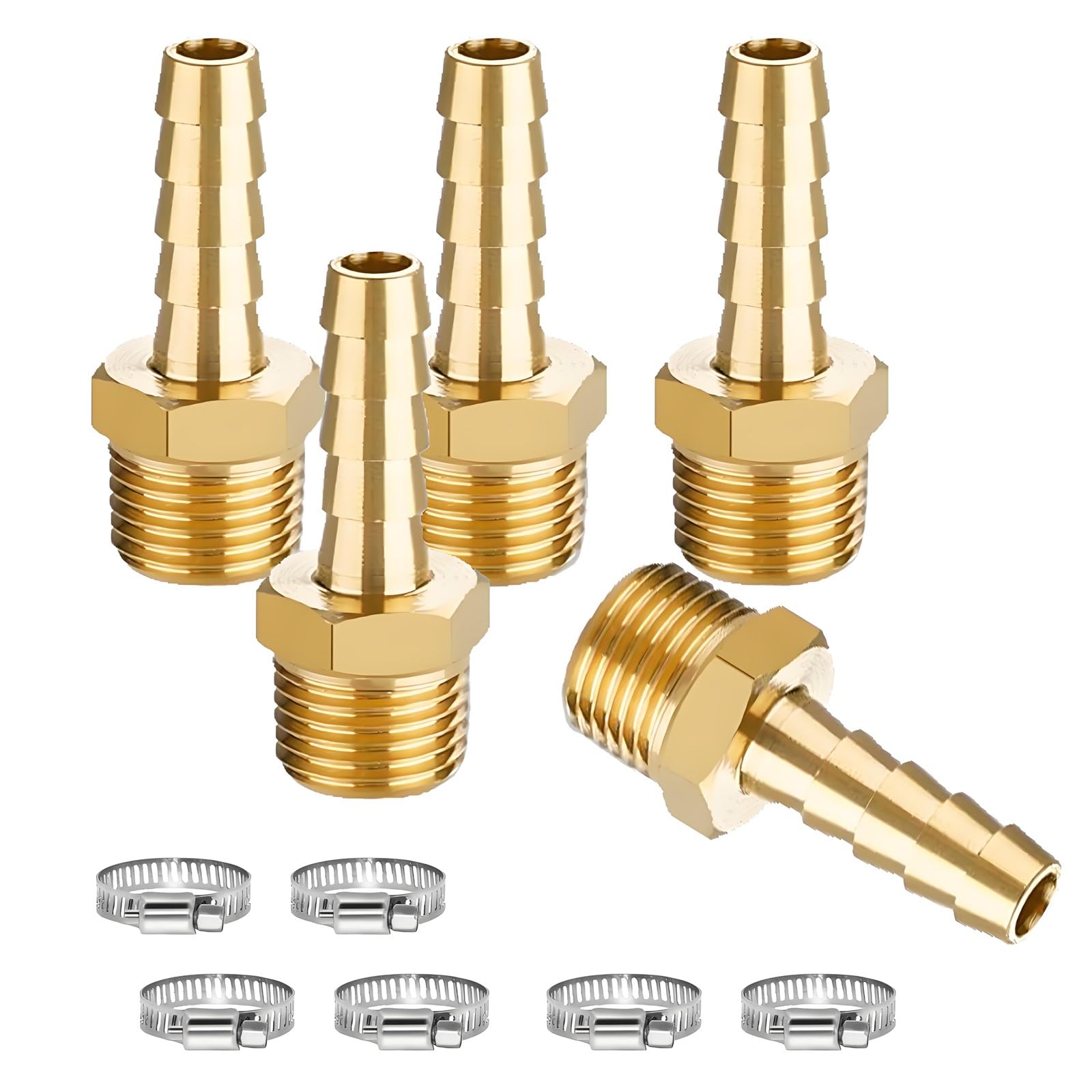 NICOLEKAY 5 Pcs Brass Hose Barb Fittings, 1/4 NPT to 3/8 Barb, Male Thread Hose Barb Adapter Connector