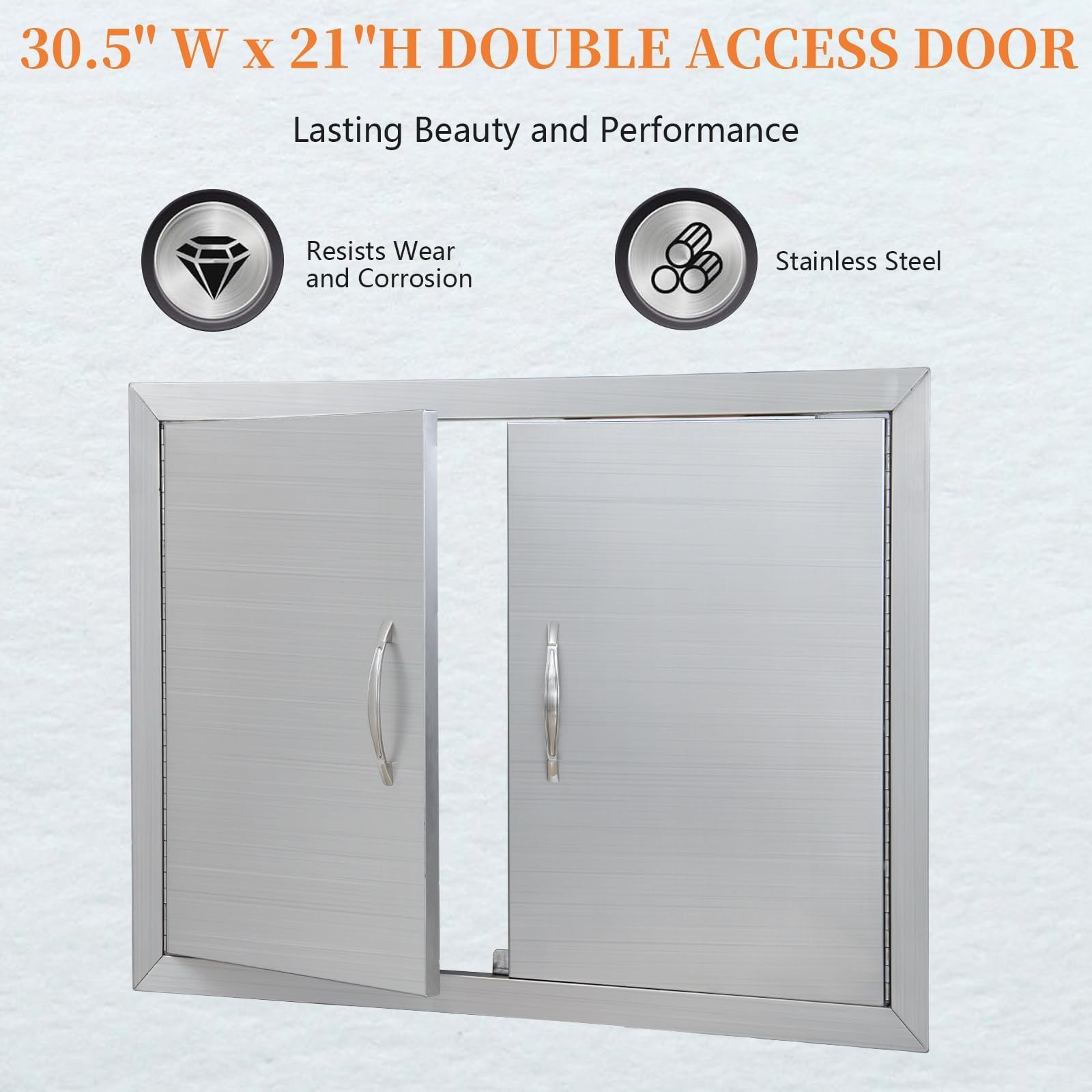 Garvee Puerta Doble para Cocina Exterior 77,5 × 53,3 cm, Acero Inoxidable, Puerta de Acceso BBQ Empotrable con Cierre Magnético, Resistente al Agua y a la Corrosión