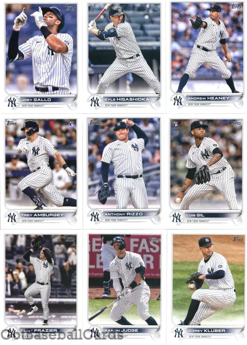 2022 Topps Series 1 New York Yankees Team Set of 16 Cards: Rougned Odor(#5), Gio Urshela(#23), Gerrit Cole(#35), Brett Gardner(#49), Corey Kluber(#69), Aaron Judge(#99), Clint Frazier(#101), Gleyber Torres(#119), New York Yankees(#121), Luis Gil(#131), Aroldis Chapman(#142), Anthony Rizzo(#242), Trey Amburgey(#263), Andrew Heaney(#287), Kyle Higashioka(#292), Joey Gallo(#322)
