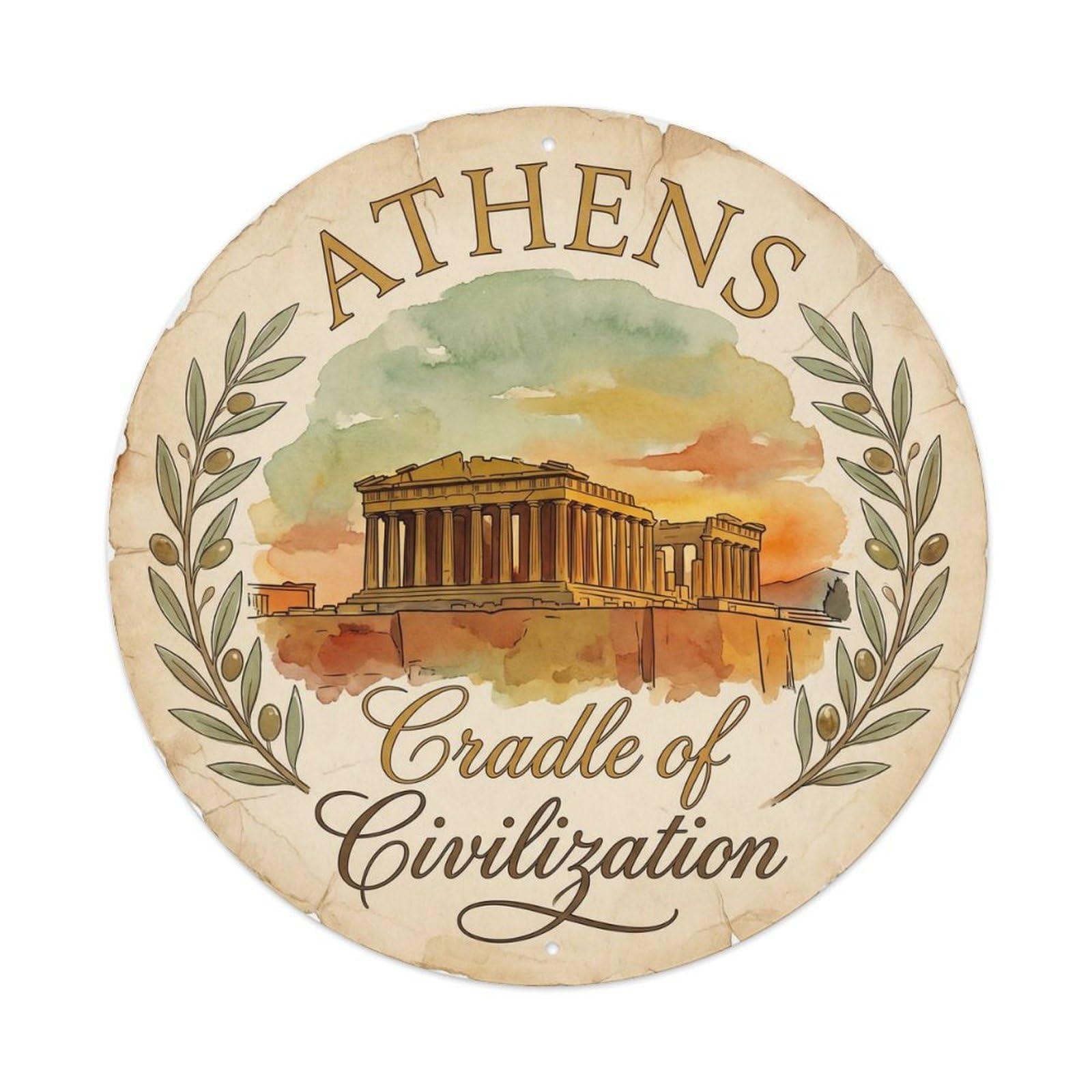 Vintage Travel Acropolis Greece Vintage Metal Tin Sign Plaque Wall Decor for Cafe, Club, Garden Round Metal Poster 8x8Inch
