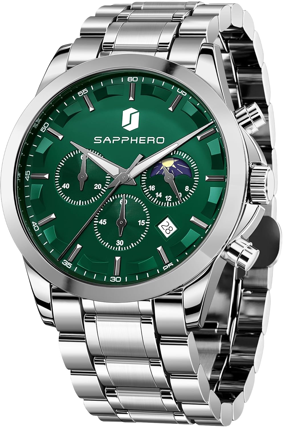 SAPPHERO Chronograph Watches for Men, Original Business Casual Stainless Steel Analog Watch 50M Waterproof Luminous Watches with Date Dial, Mens Gift
