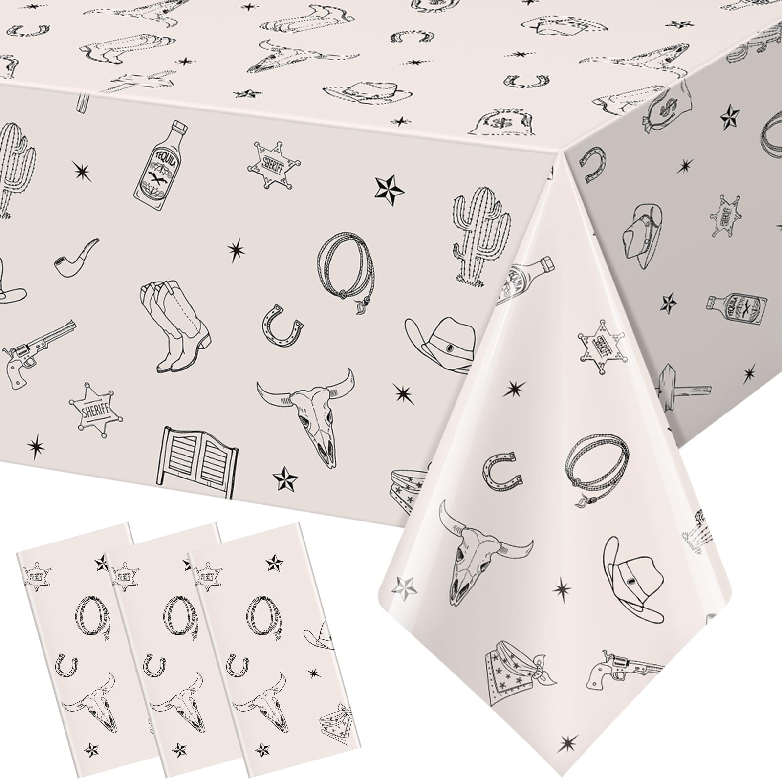 Photo 1 of 3 Pack Western Cowboy Tablecloth, Plastic Table Cloth Western Party Decorations for My First Rodeo Cowboy Birthday Rodeo Party Decor, Disposable Rectangle Table Cover for Boys Girls, 108 x 54 Inch