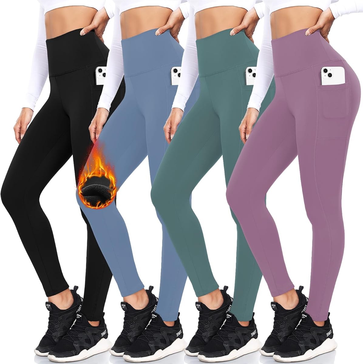 FULLSOFT Paquete de 4 Leggings Forrados de Polar con Bolsillos para Mujer Pantalones de Yoga cálidos de Invierno térmico de Talle Alto para Entrenamiento y Correr