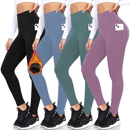 FULLSOFT 4 Pack Fleece Lined Leggings with Pockets for Women High Waisted Thermal Winter Warm Yoga Pants for Workout Running - Small-Medium - Black,pink,ins Green,blue(4 Pack)