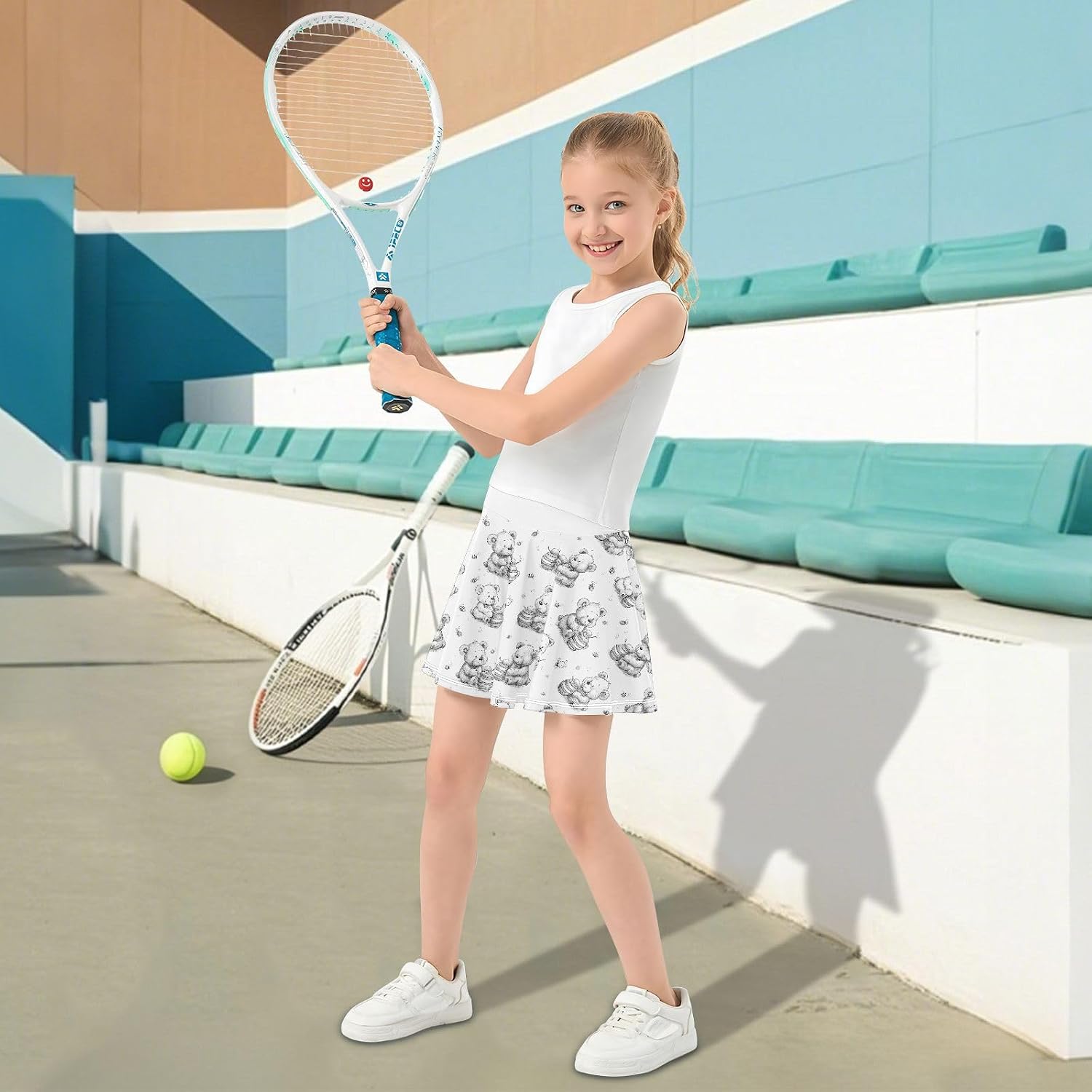 visesunny Plush Toy Bear Girl's Golf Skirt Athletic Tennis Skort Sport Activewear with Double Layer Pockets