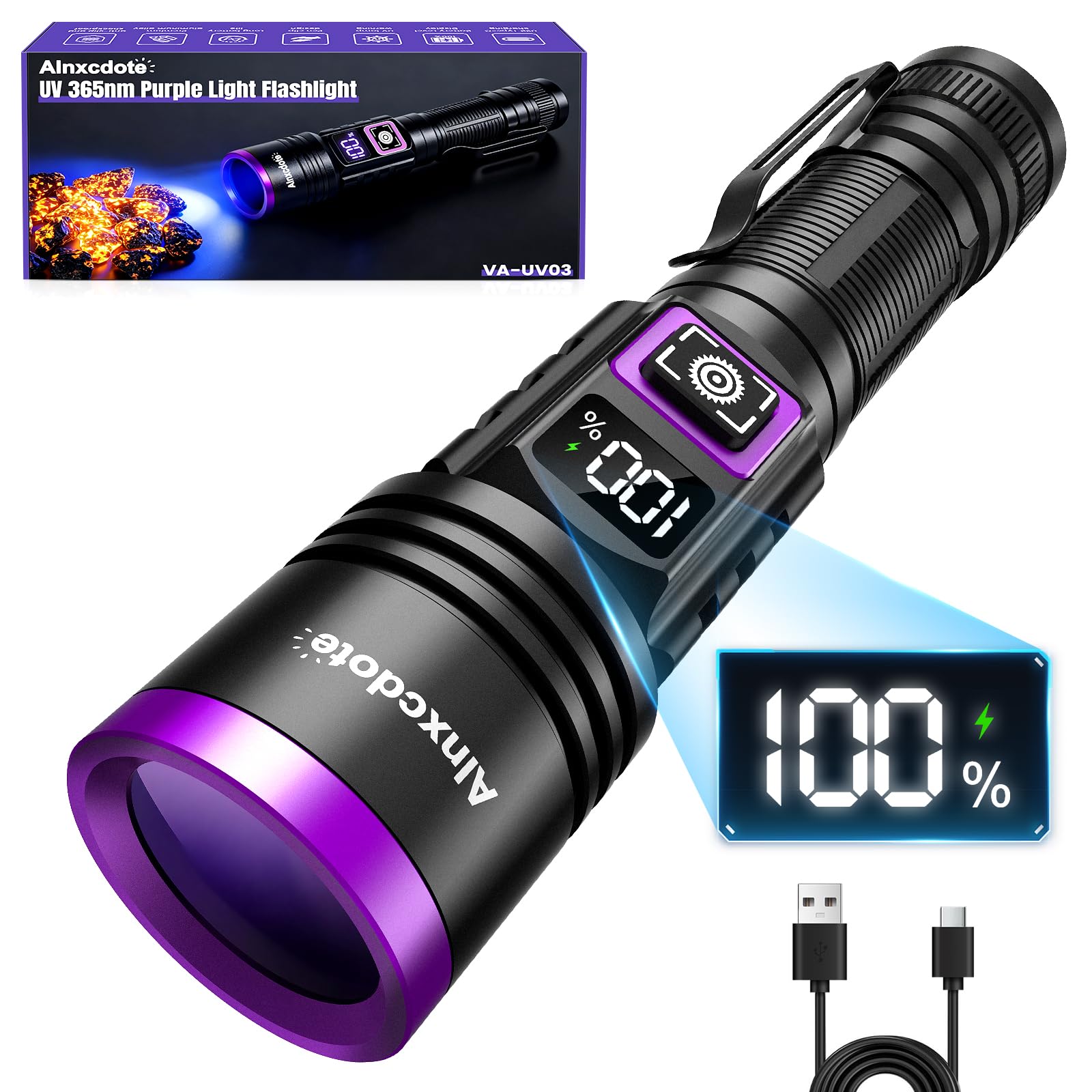 365nm UV Torch Rechargeable, UV Light with Filter Lens & LCD Display, USB Waterproof Powerful Aluminum LED Black light Flashlight for Pet Urine Detection, Resin Curing, Rocks, Scorpion, Cleaning