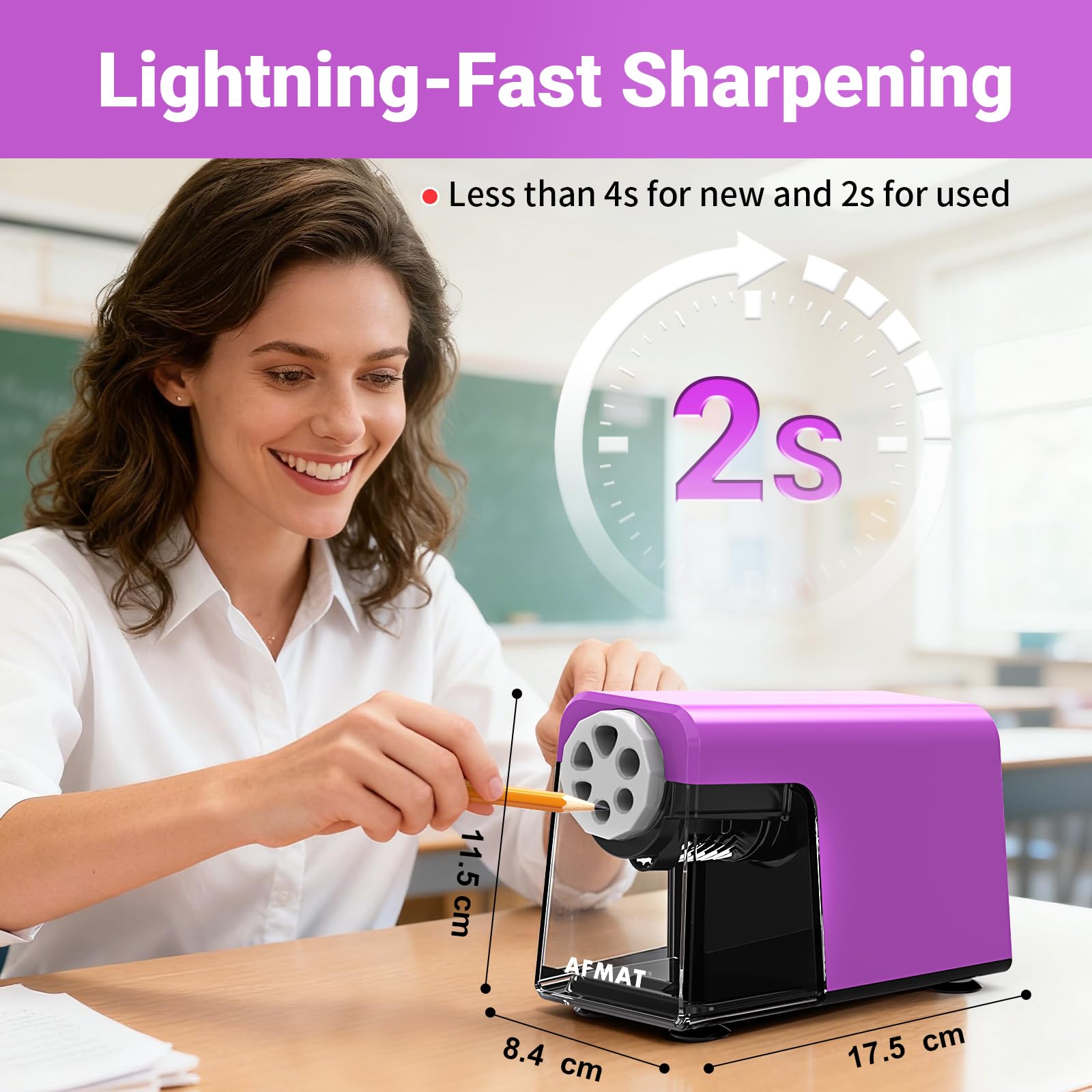 AFMAT Sacapuntas eléctrico de 6 agujeros con contenedor, autostop y almacenamiento de lápices, recargable, resistente, sacapuntas eléctrico para 6 – 11 mm n.º 2/grande/lápices de colores, 10.000
