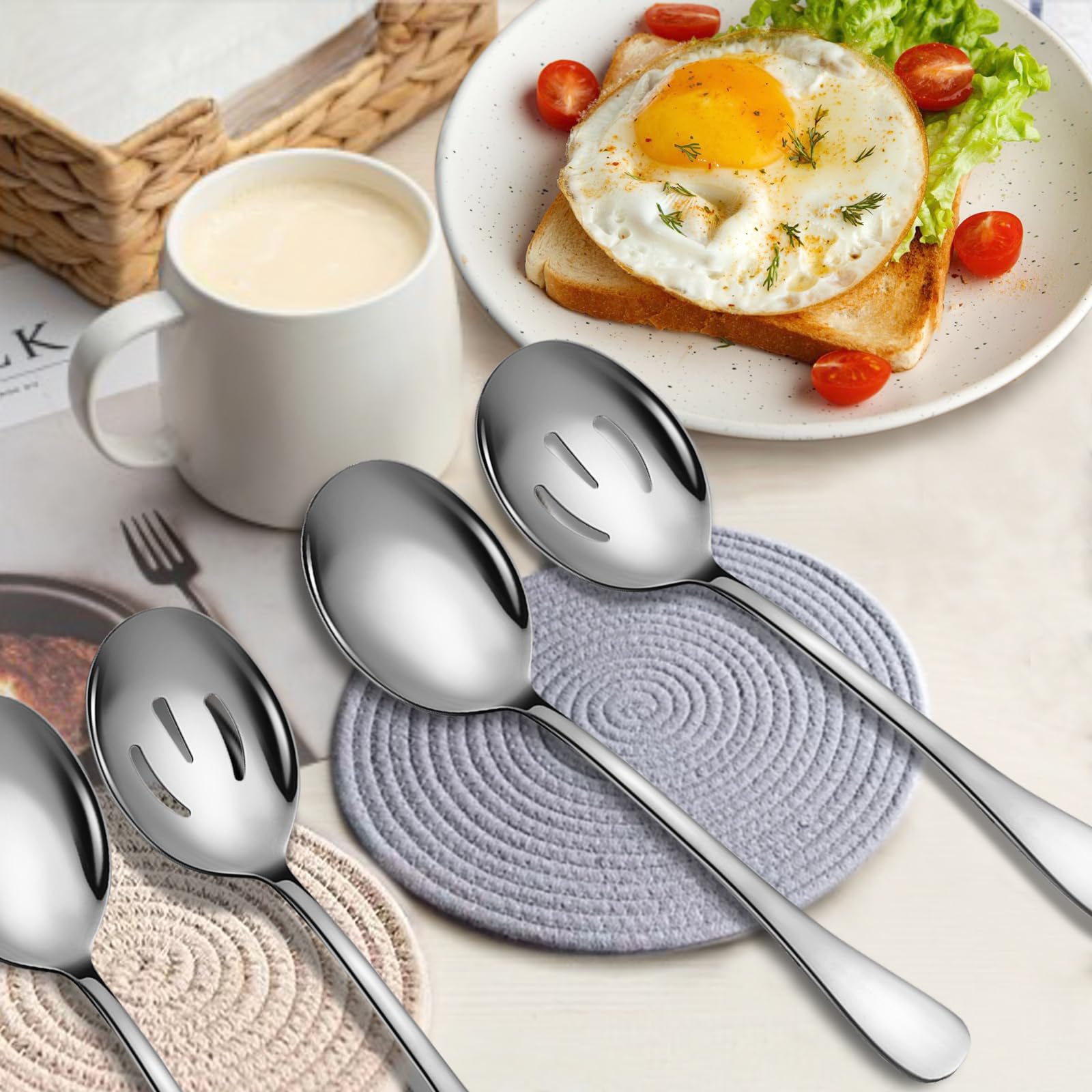 4-teiliges Edelstahl-Servierlöffel-Set, 25,4 cm, inklusive 2 großen, 2 Schlitzen, für Partys/Küche/Buffet/Catering, spülmaschinenfest