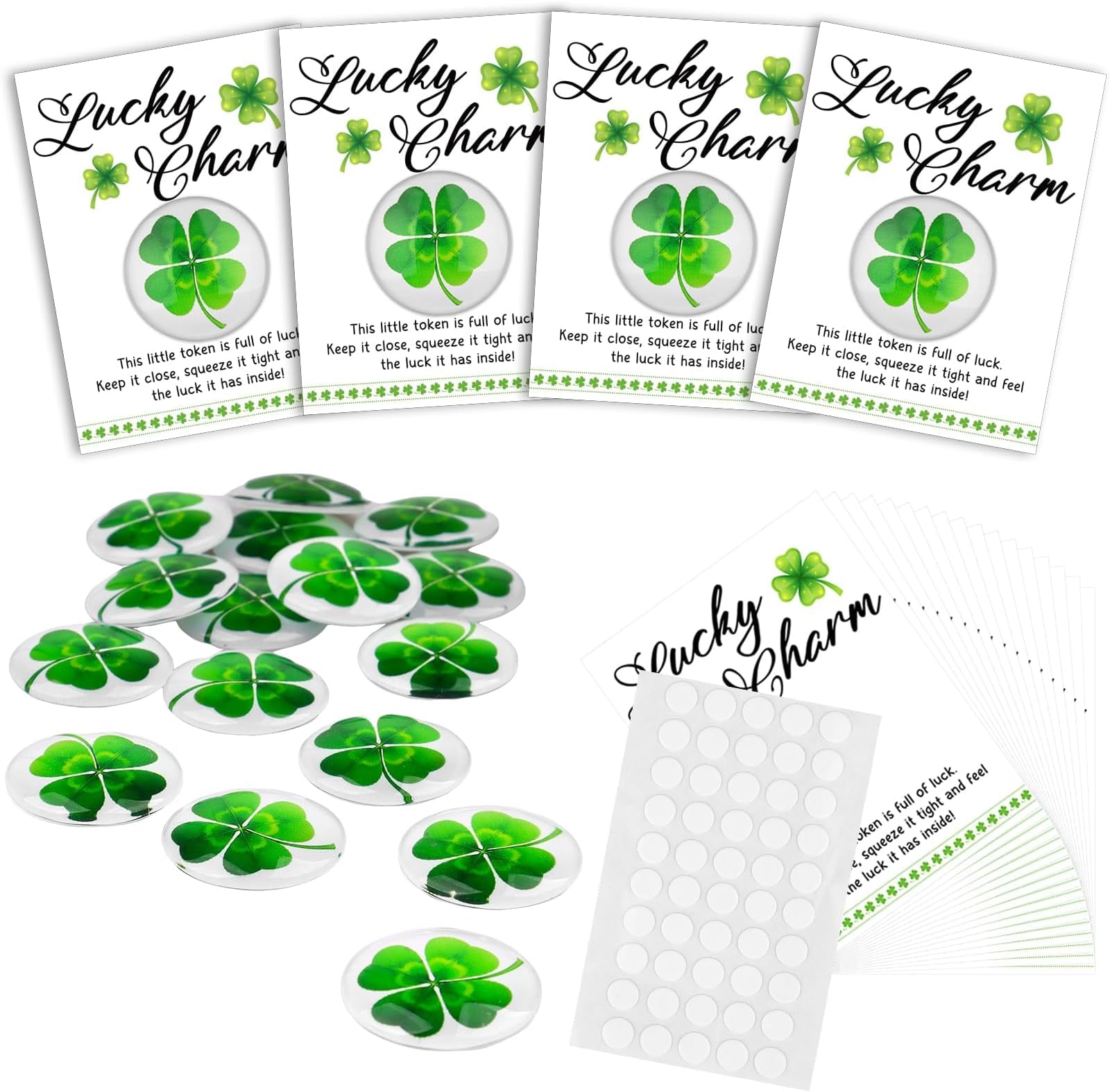 24 Sets Four Leaf Good Luck Charms Shamrock Pocket Token Clover Token Lucky Charms with Cards Adhesive Dot St. Patrick's Day Irish Gifts for Family Friends Colleagues