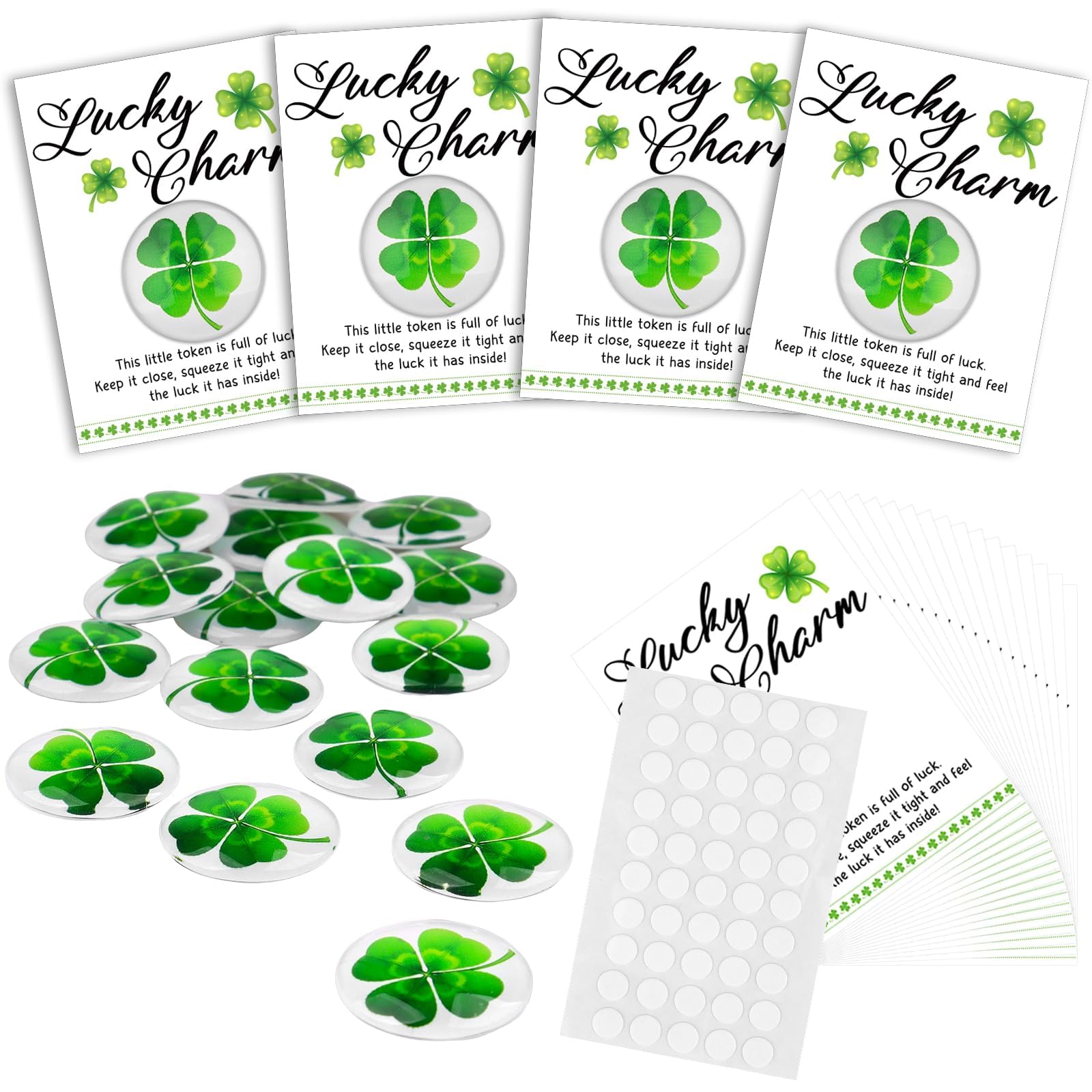24 Sets Four Leaf Good Luck Charms Shamrock Pocket Token Clover Token Lucky Charms with Cards Adhesive Dot St. Patrick's Day Irish Gifts for Family Friends Colleagues